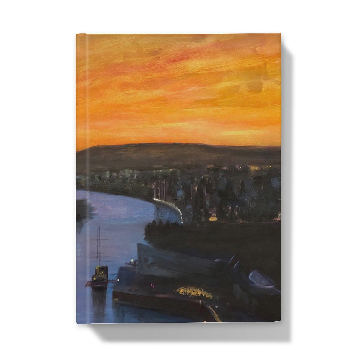 Glasgow Harbour sunset journal with river boats and city lights