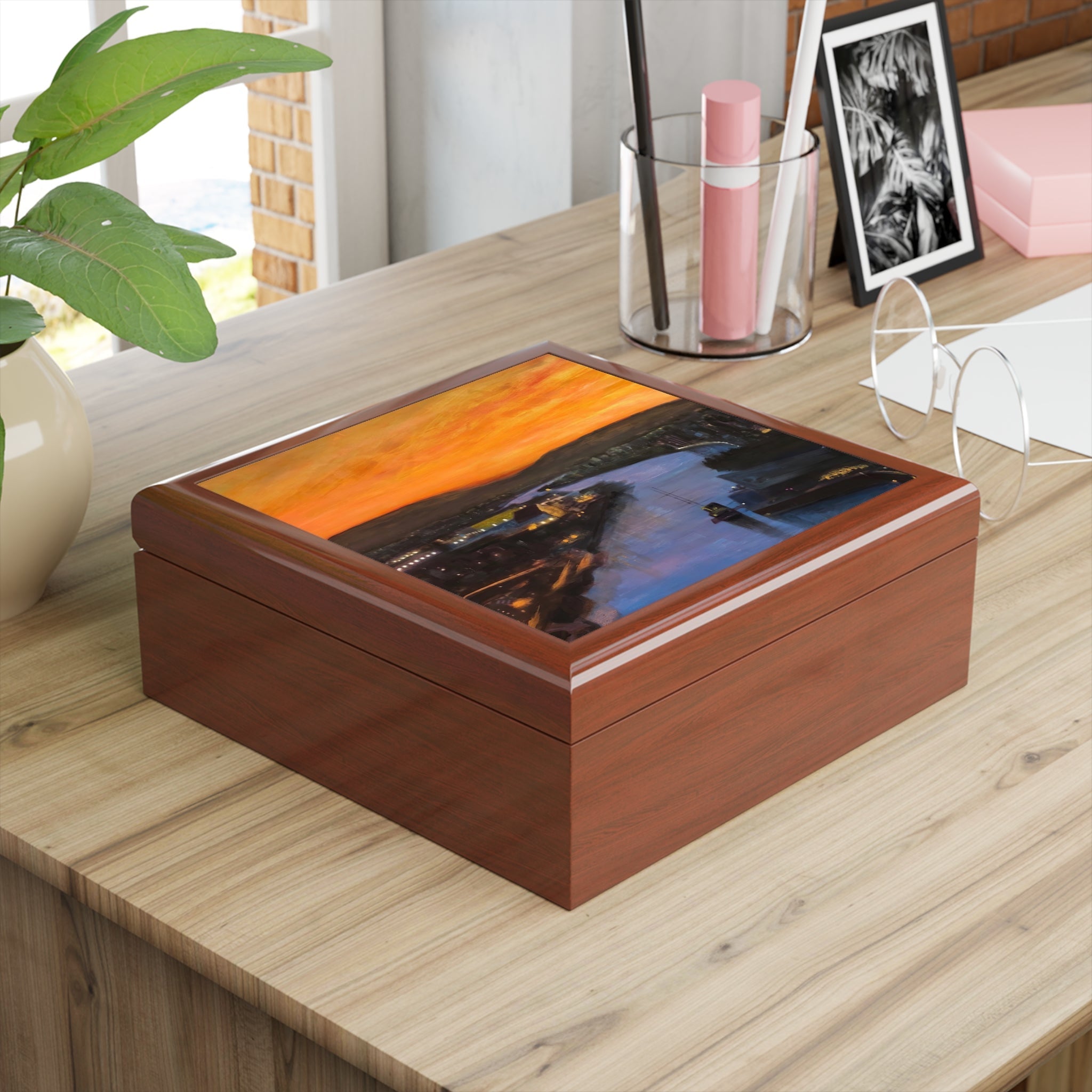 Brown wooden jewelry box with glossy lid print of Glasgow Harbour sunset over water
