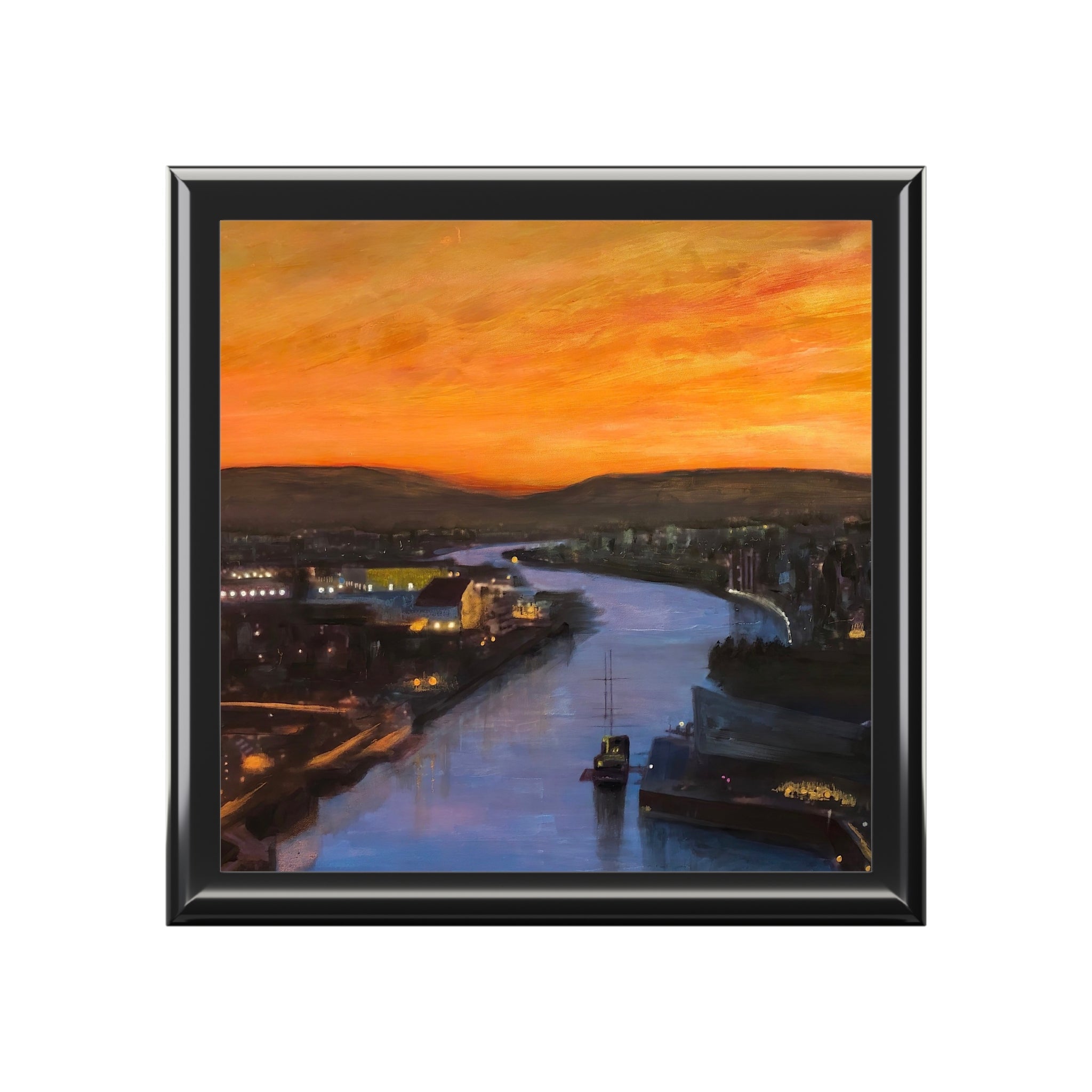 Glasgow Harbour sunset painting in black frame on jewellery box