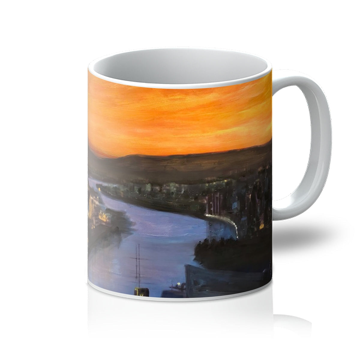 White ceramic Glasgow Harbour Looking West mug with painted sunset over river and cityscape