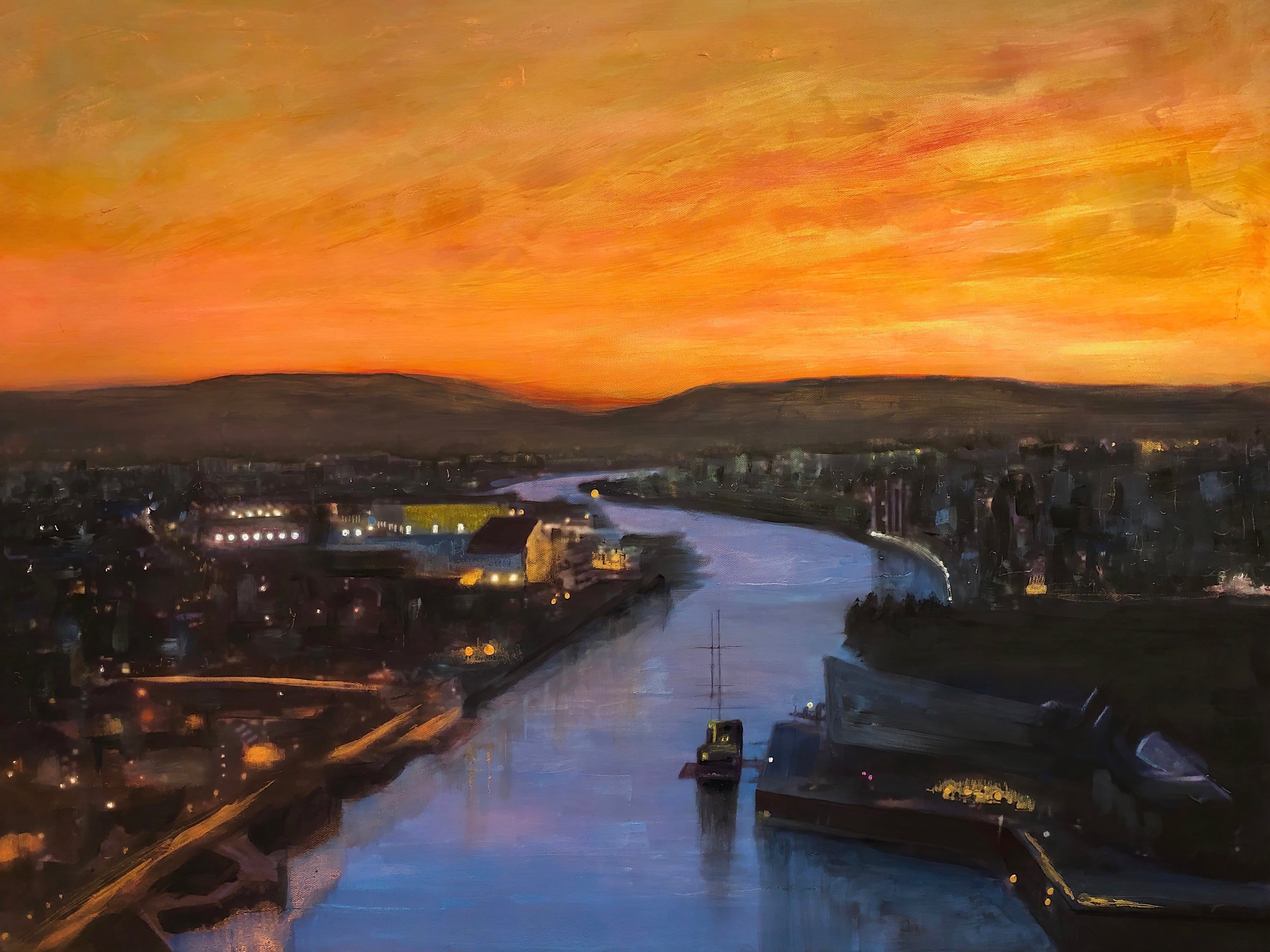 Sunset over Glasgow Harbour river city original painting