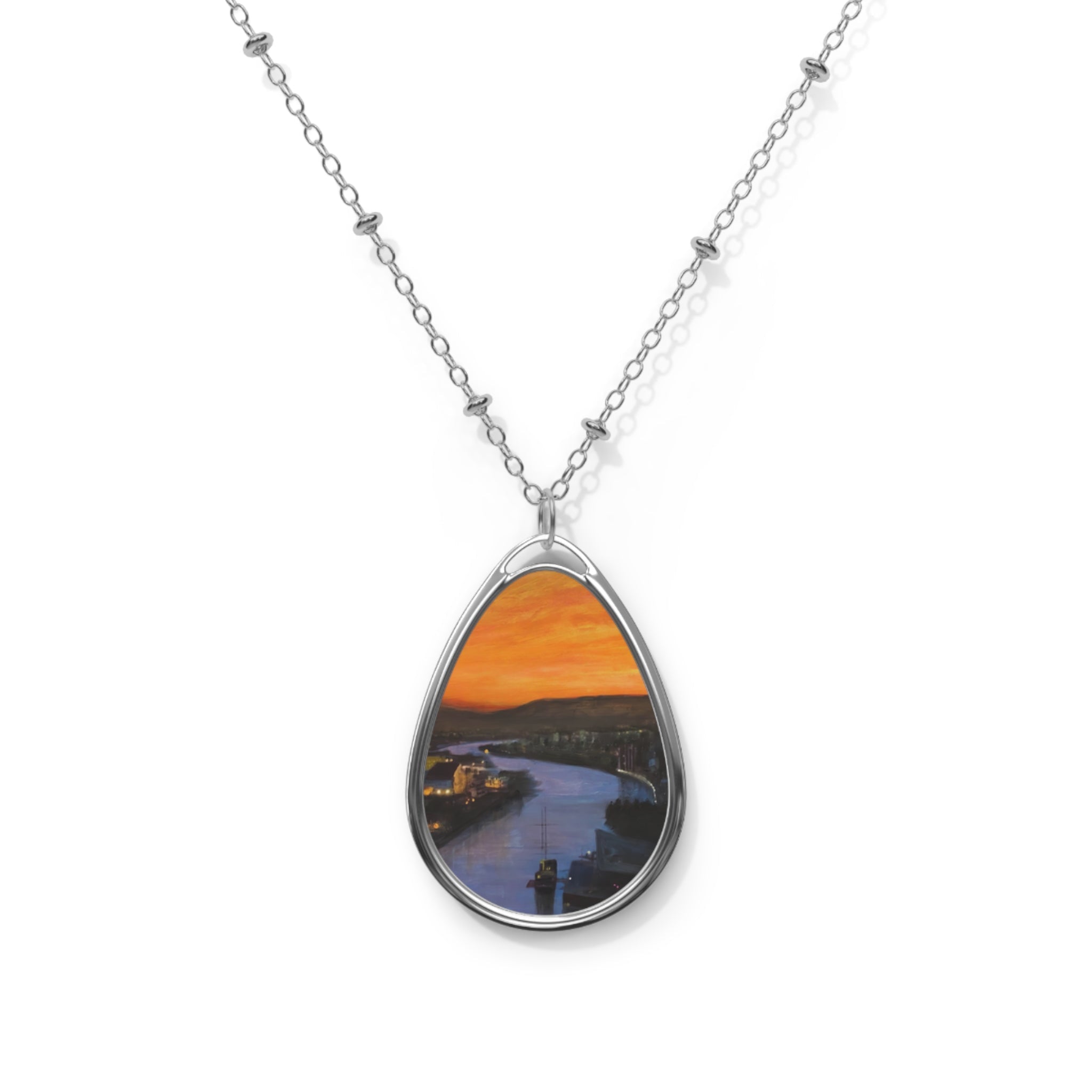 Silver teardrop pendant necklace with vibrant Glasgow Harbour sunset river scene