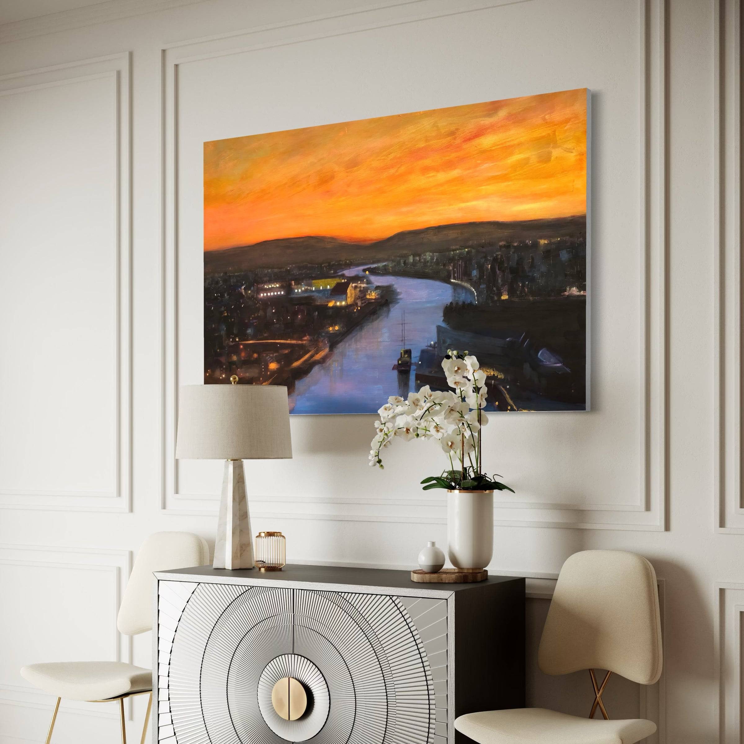Modern console cabinet with black top and circular white and gold geometric pattern from Glasgow Harbour Looking West interior wall art