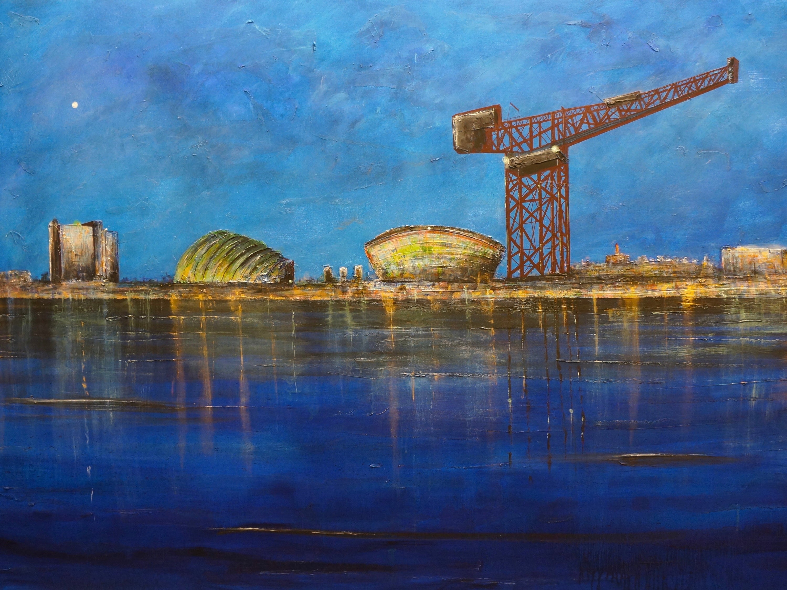 Cityscape painting of Glasgow Harbour with crane in Moonlight Original Painting