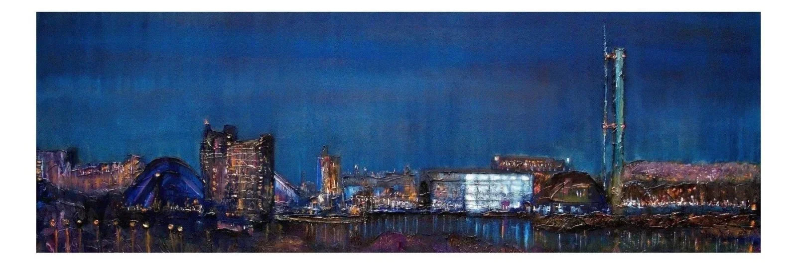Blue and white illuminated Glasgow Harbour skyscraper painting