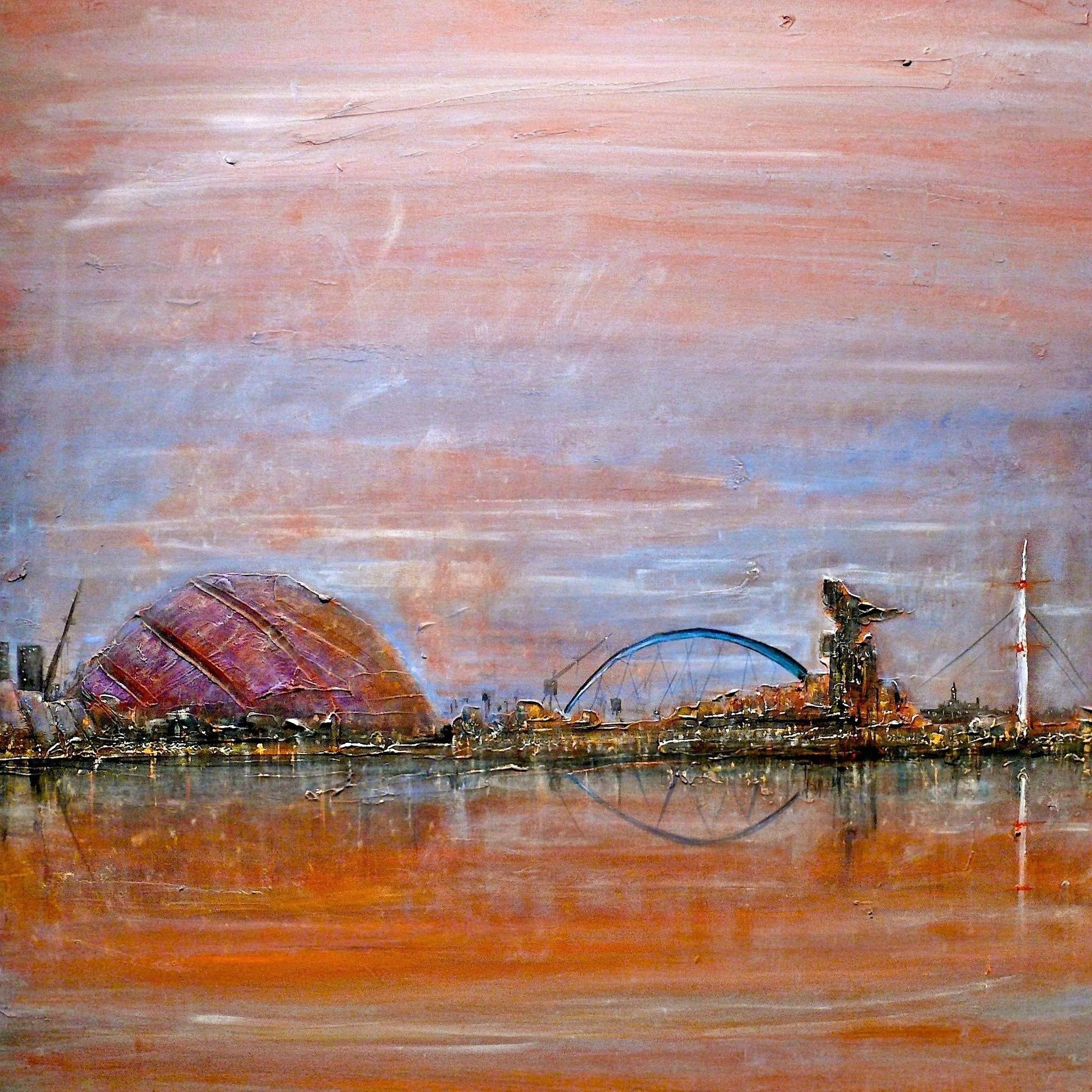 Oil painting of Glasgow Harbour cityscape with domed buildings reflected in water