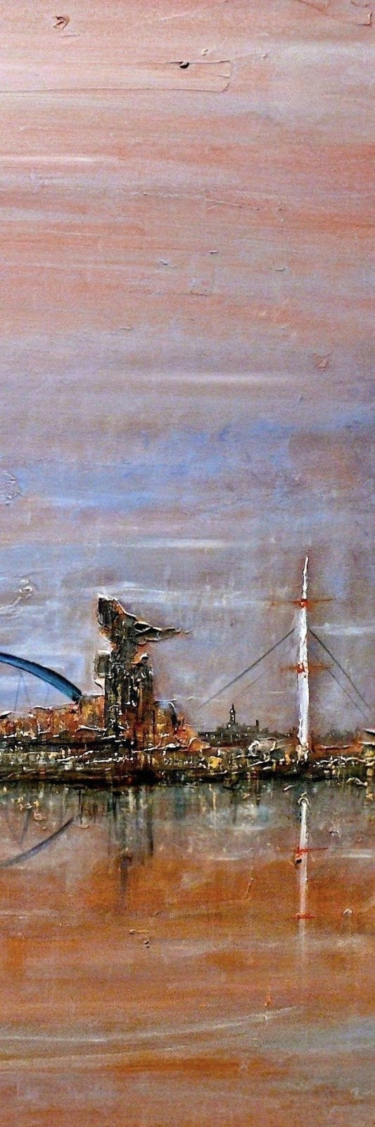 Abstract painting of Glasgow Harbour skyline over water at sunset for Glasgow Harbour Triptych wall art