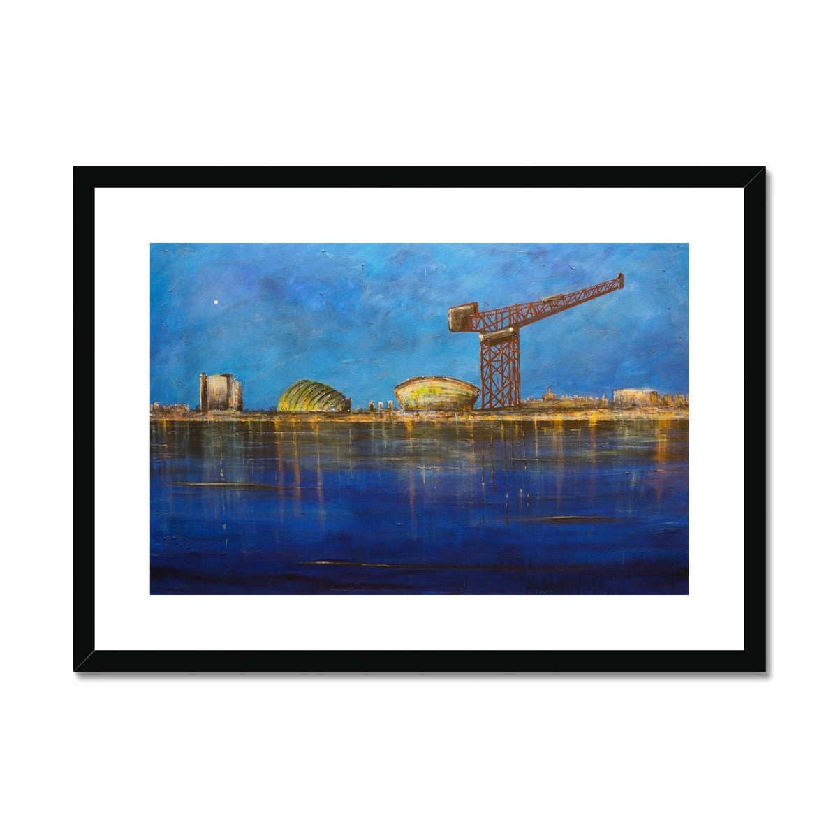 Framed Tyne Tees crane painting in reds, yellows, blues against blue sky, water