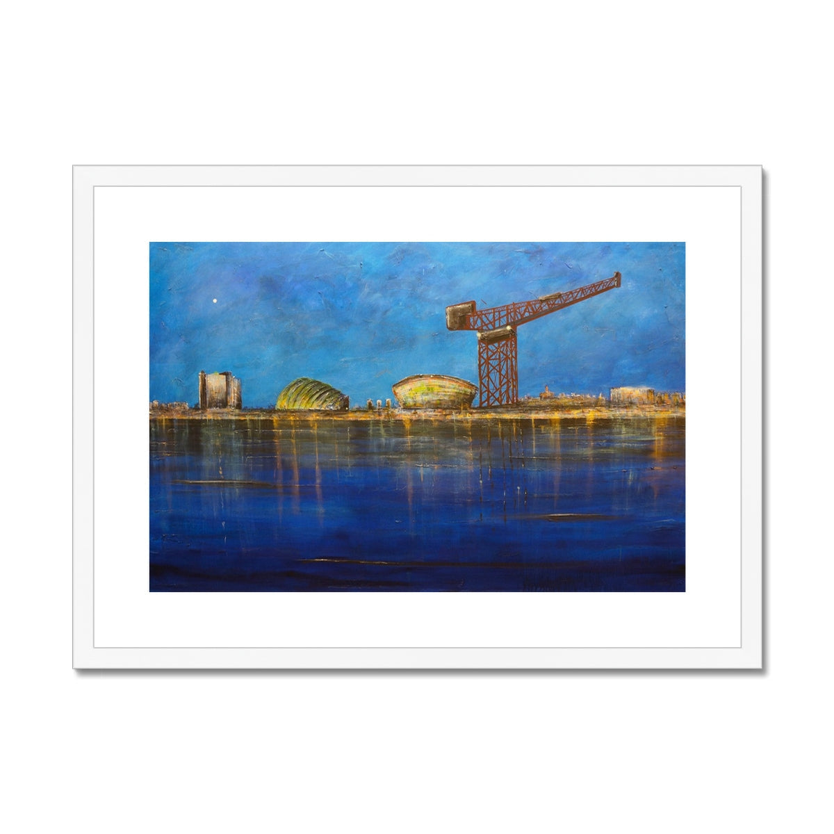 Framed Tyne Tees crane painting in reds and blues, Glasgow Moonlight print