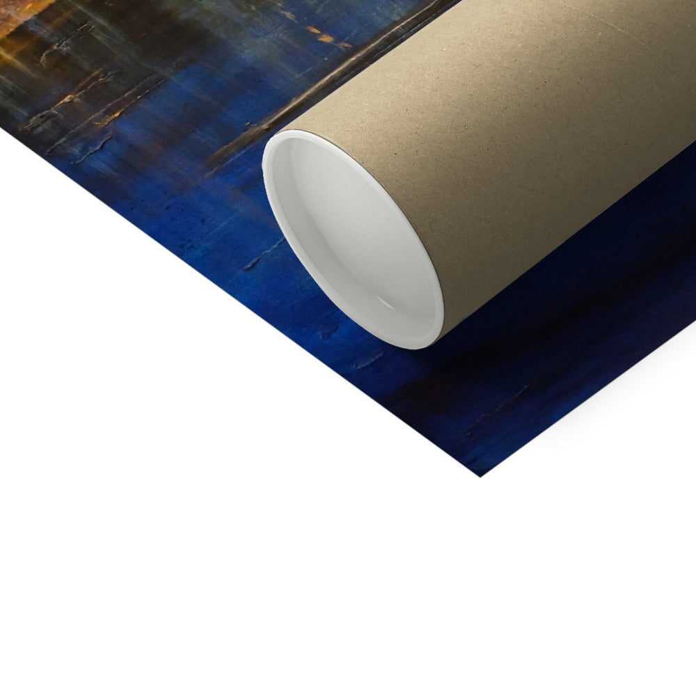 Brown cardboard tube with white lining against Glasgow Moonlight abstract painting