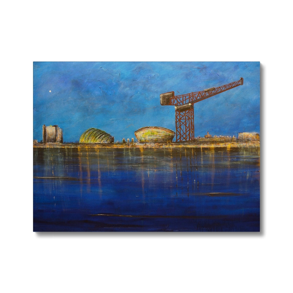 Vibrant blue Glasgow Moonlight canvas print of waterfront skyline
