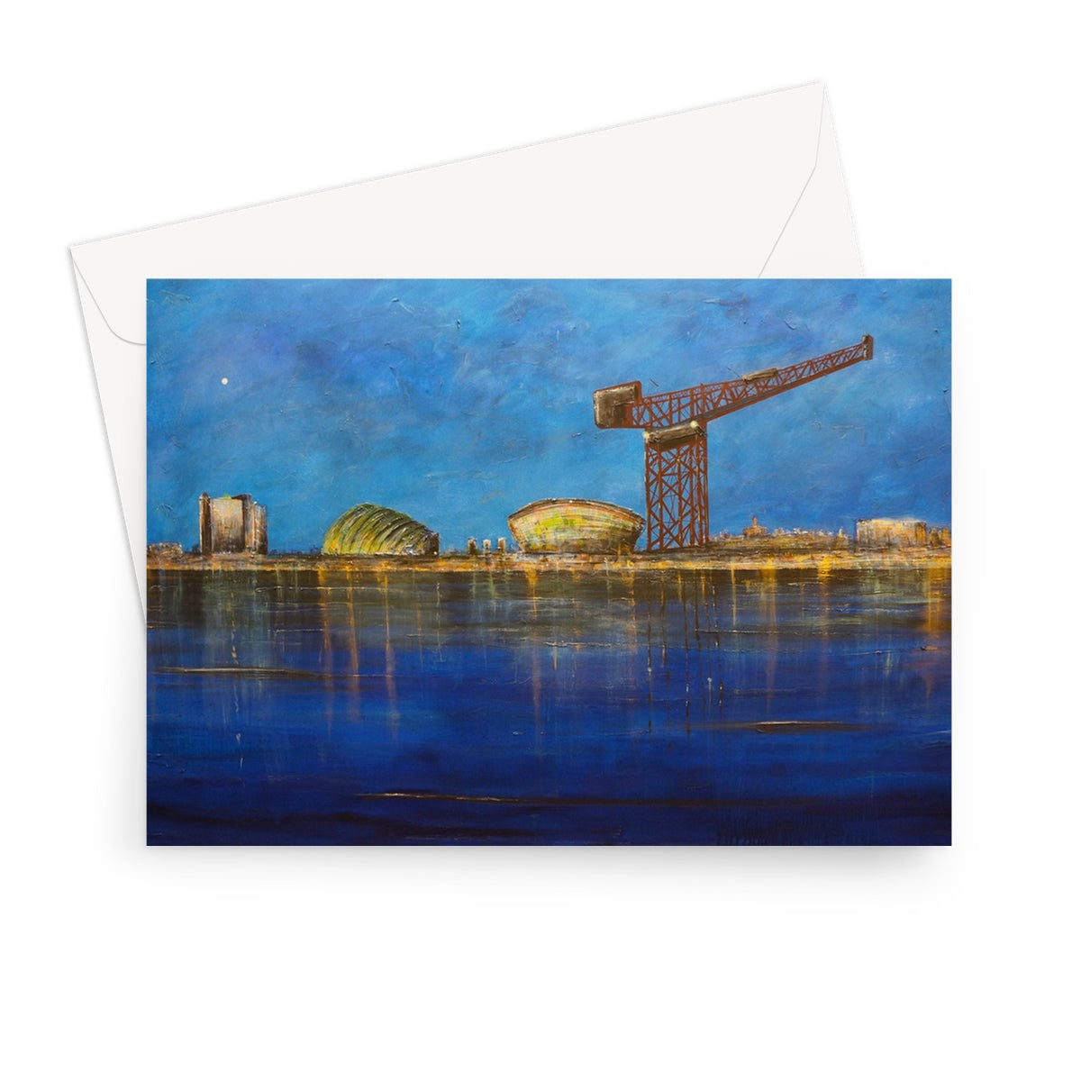 Vibrant blue Tyne Tees crane greeting card with twilight reflections