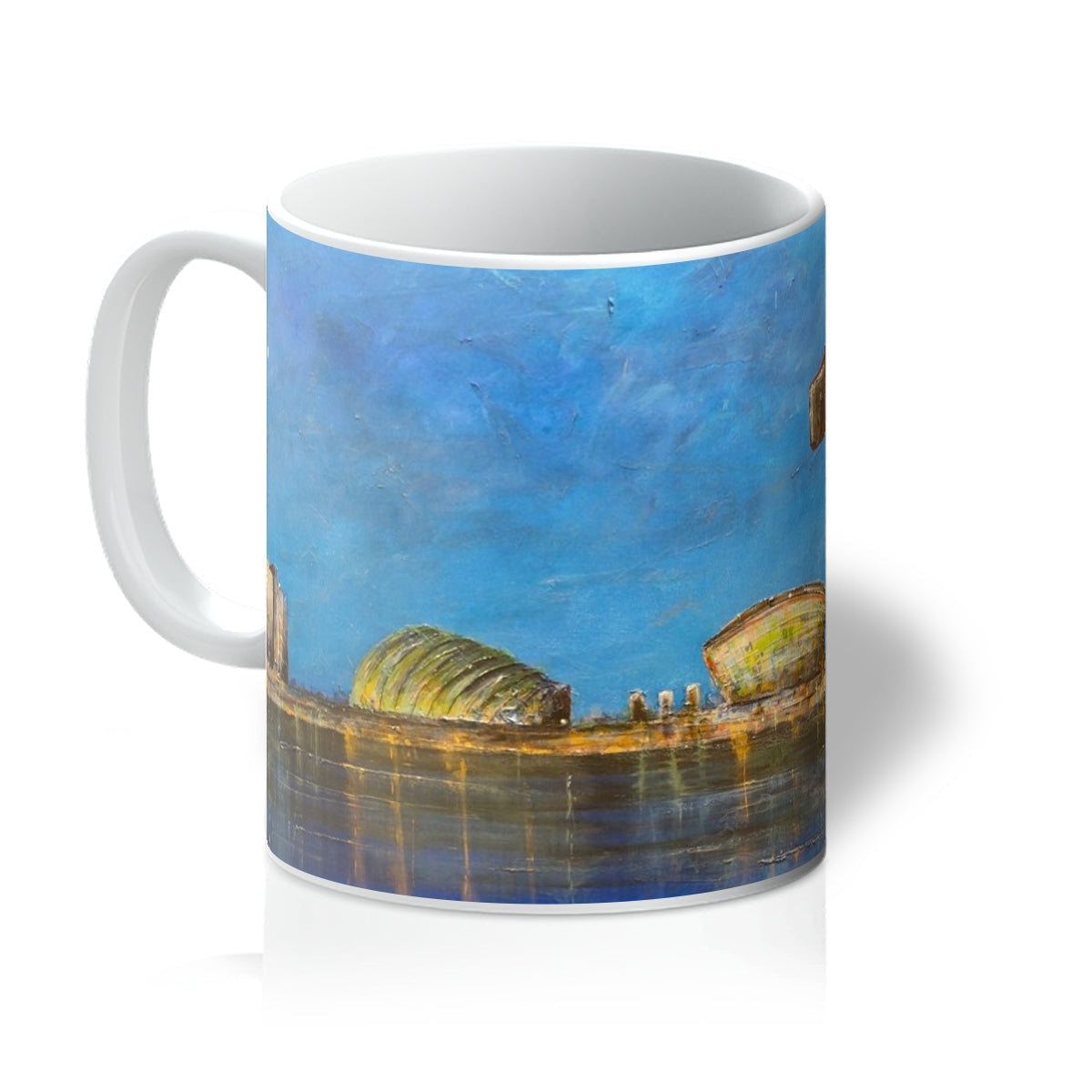 Glasgow Moonlight Mug with blue sky and golden architecture reflection