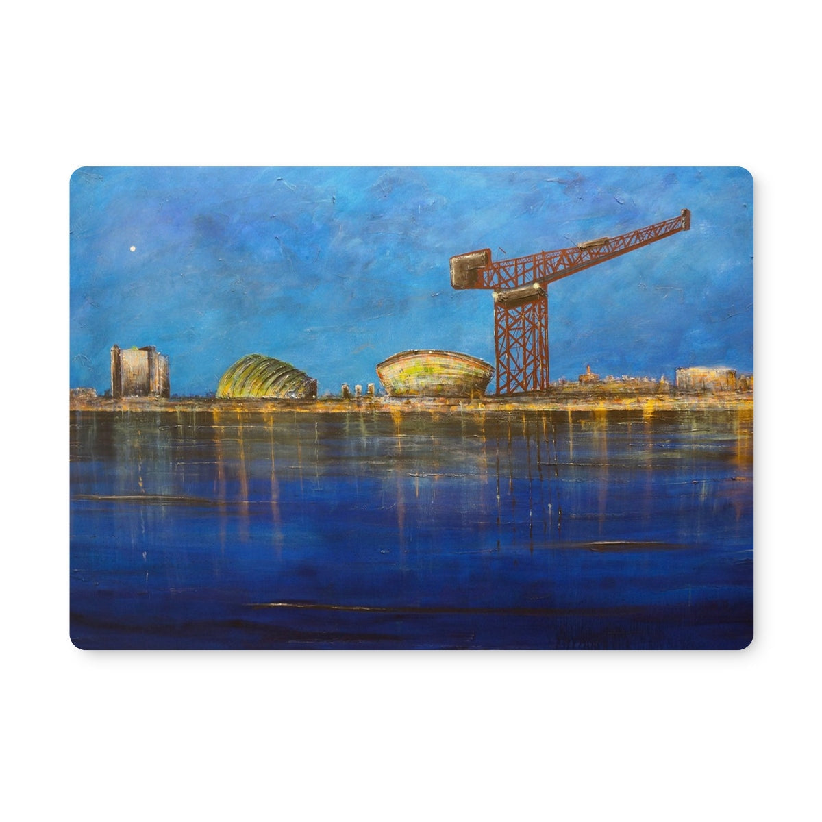 Stylized Tyne Tees crane and industrial buildings reflected in water on blue canvas placemat