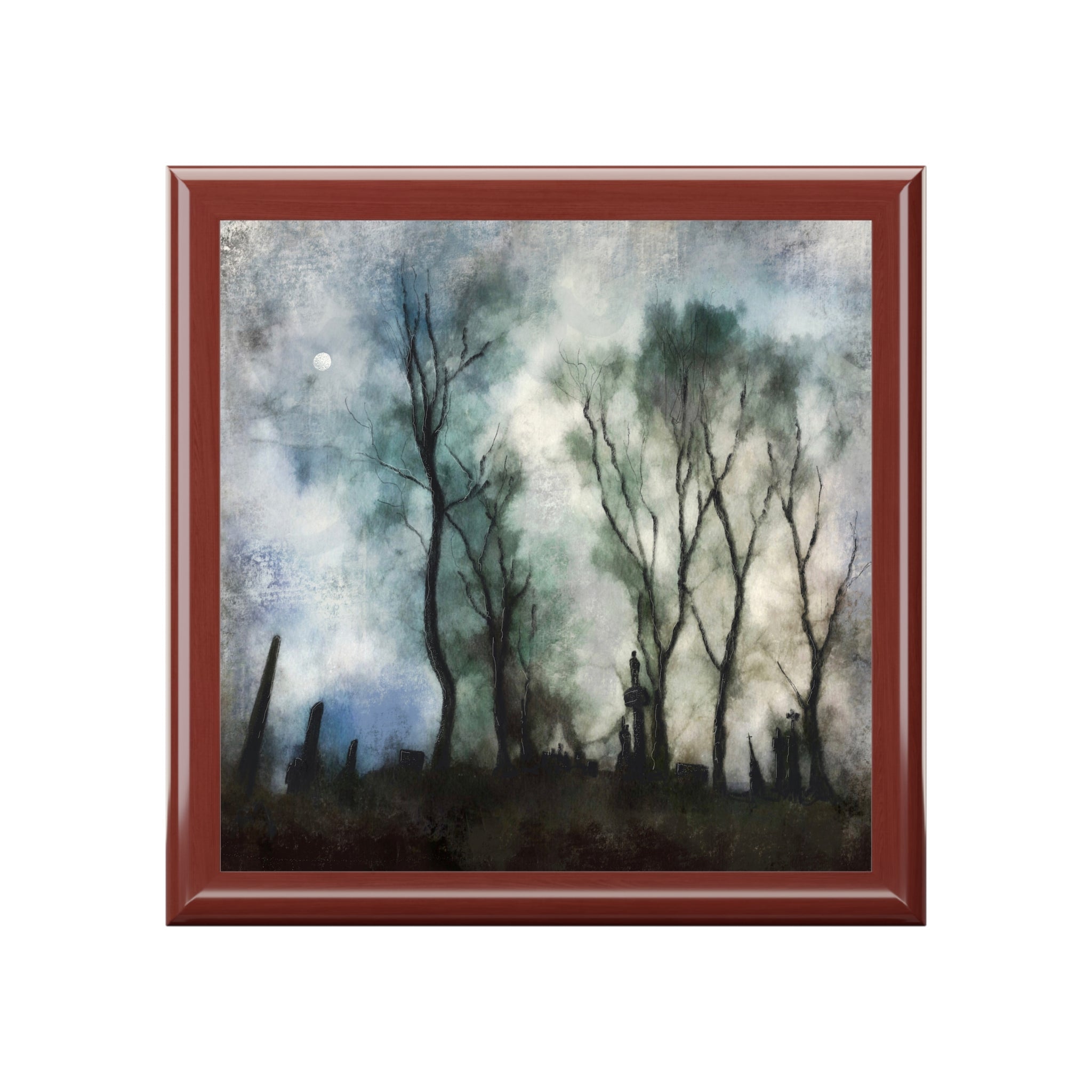 Framed moonlit forest painting with bare trees on Glasgow Necropolis Moonight jewelry box