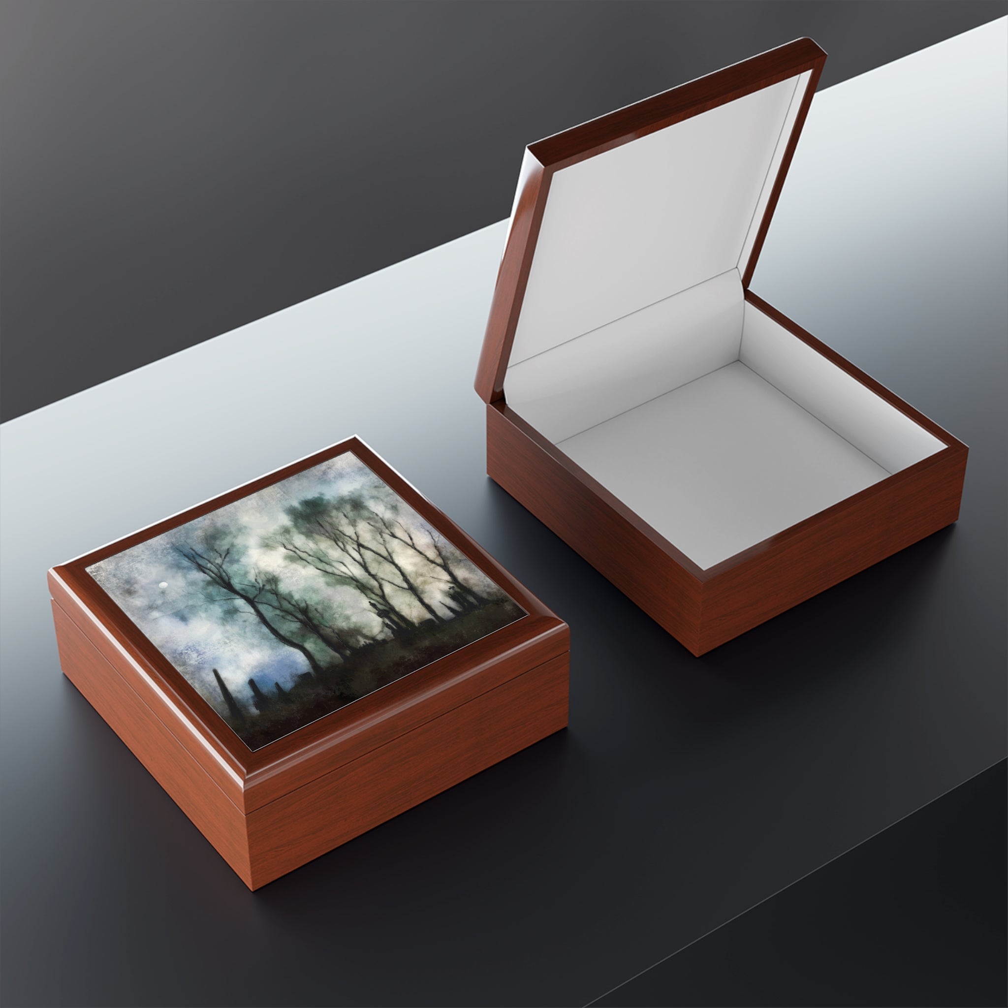 Elegant wooden Glasgow Necropolis Moonight art jewellery boxes with landscape lid design