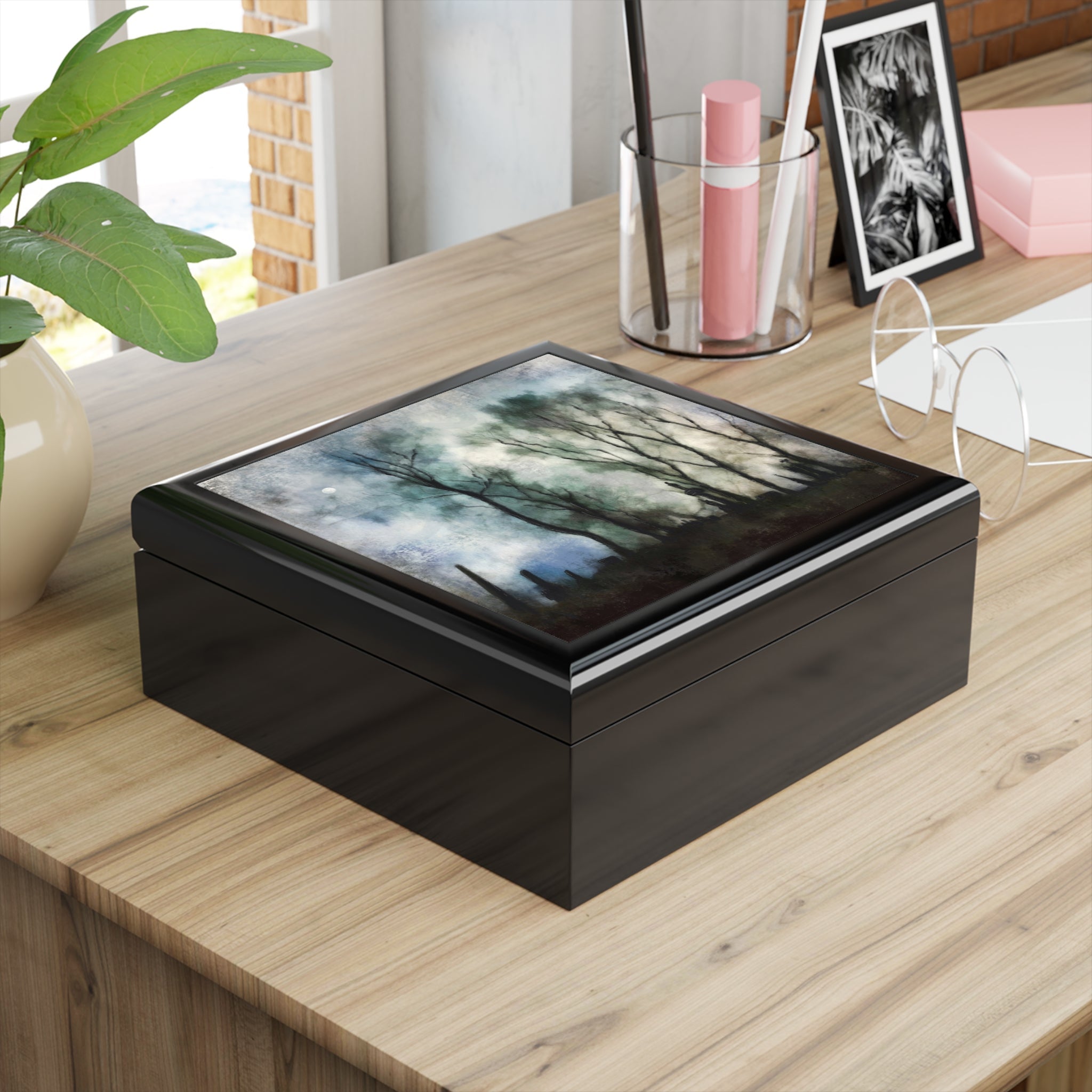 Black wooden keepsake box with mystical forest scene on lid for Glasgow Necropolis Moonight art jewellery display