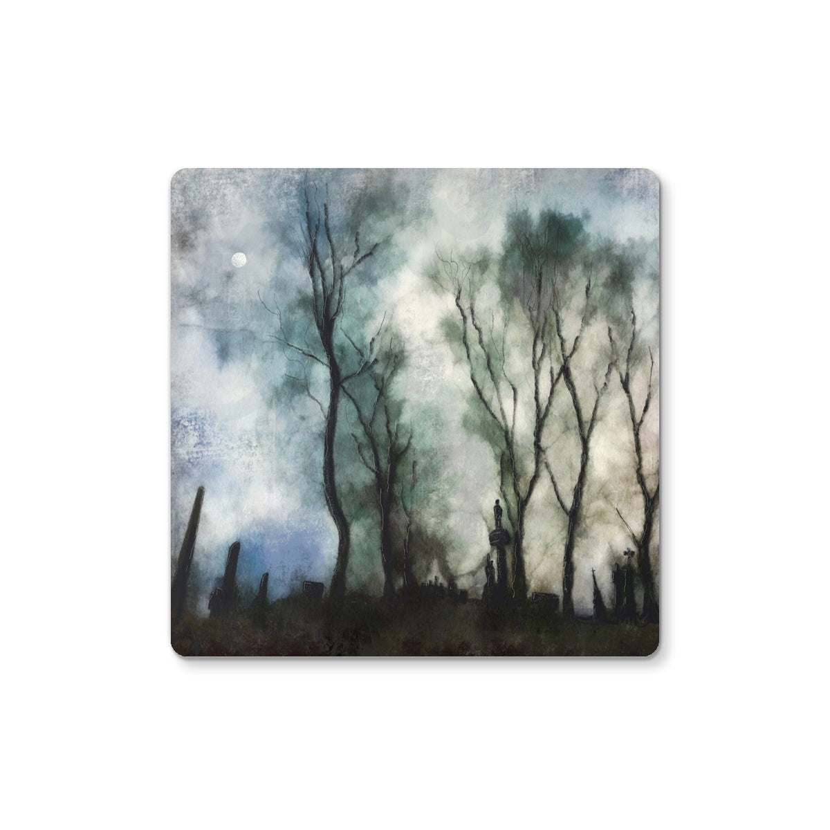 Watercolor Glasgow Necropolis cemetery with tombstones and trees, muted colors