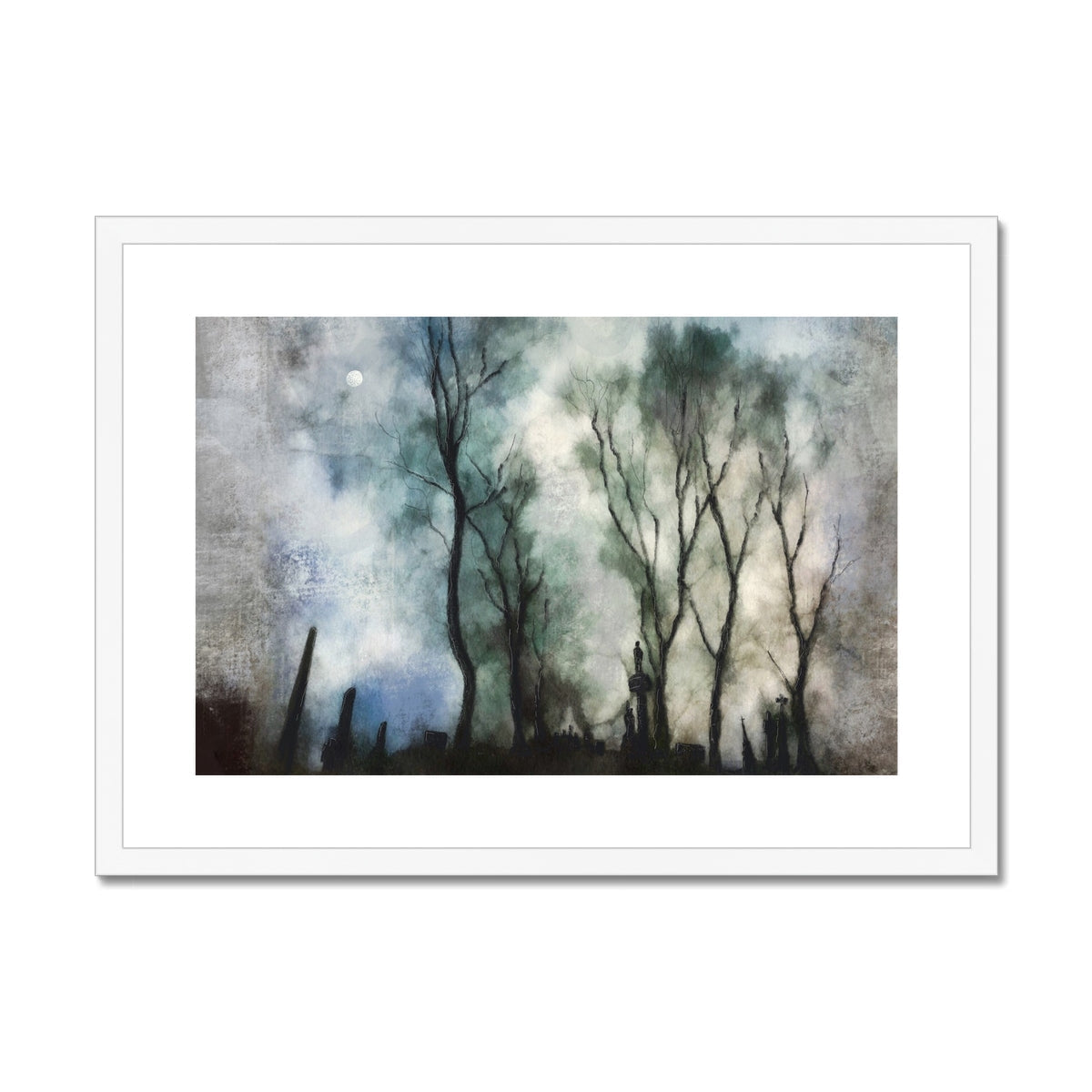 Framed Glasgow Necropolis Moonlight print depicting silhouetted trees under an ethereal cloudy sky