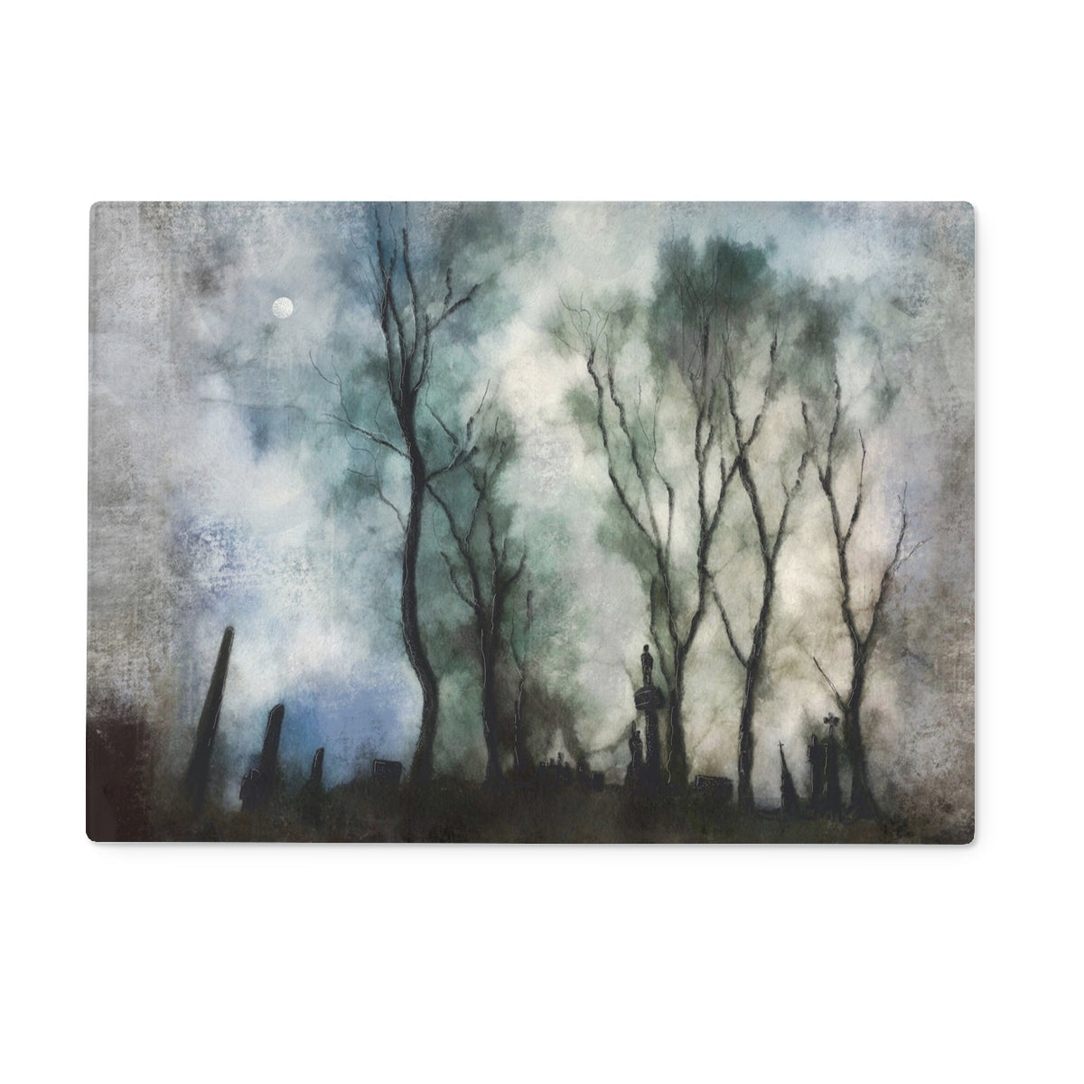 Dark tree silhouette on Glasgow Necropolis moonlight glass chopping board