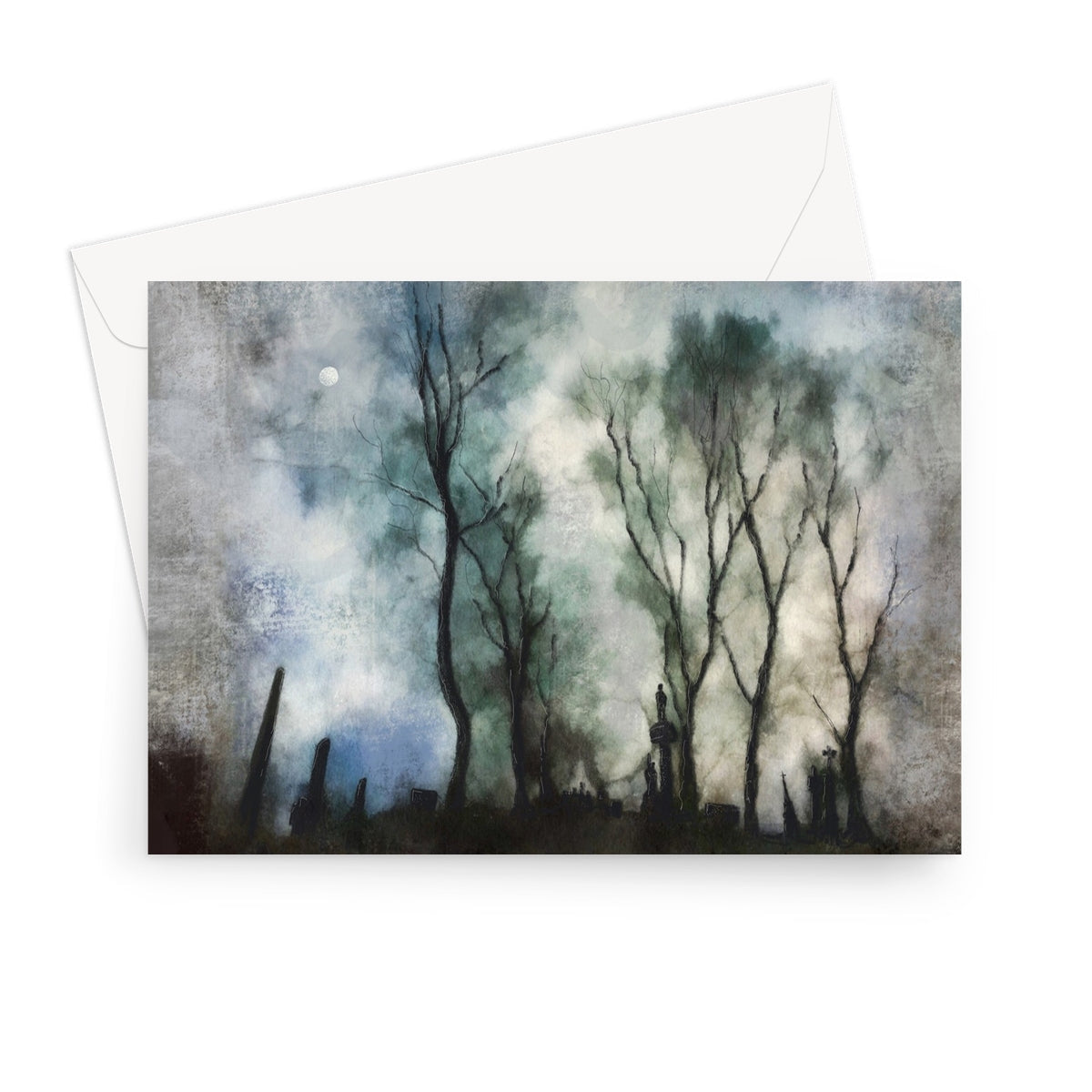 Glasgow Necropolis Moonlight Greeting Card with dark misty forest painting featuring bare trees