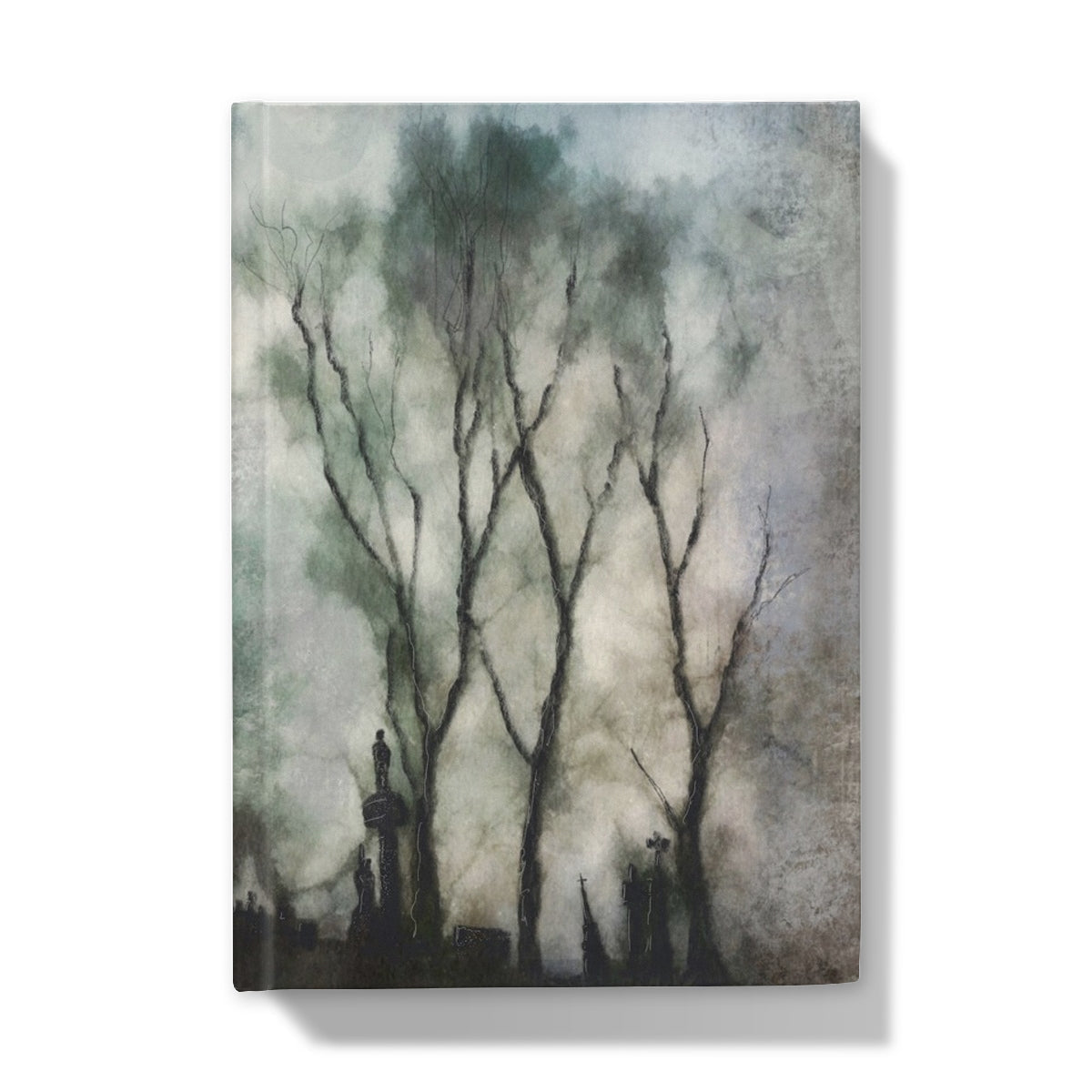 Dark moody painting of bare trees and grave markers under cloudy sky on Glasgow Necropolis Moonlight Journal
