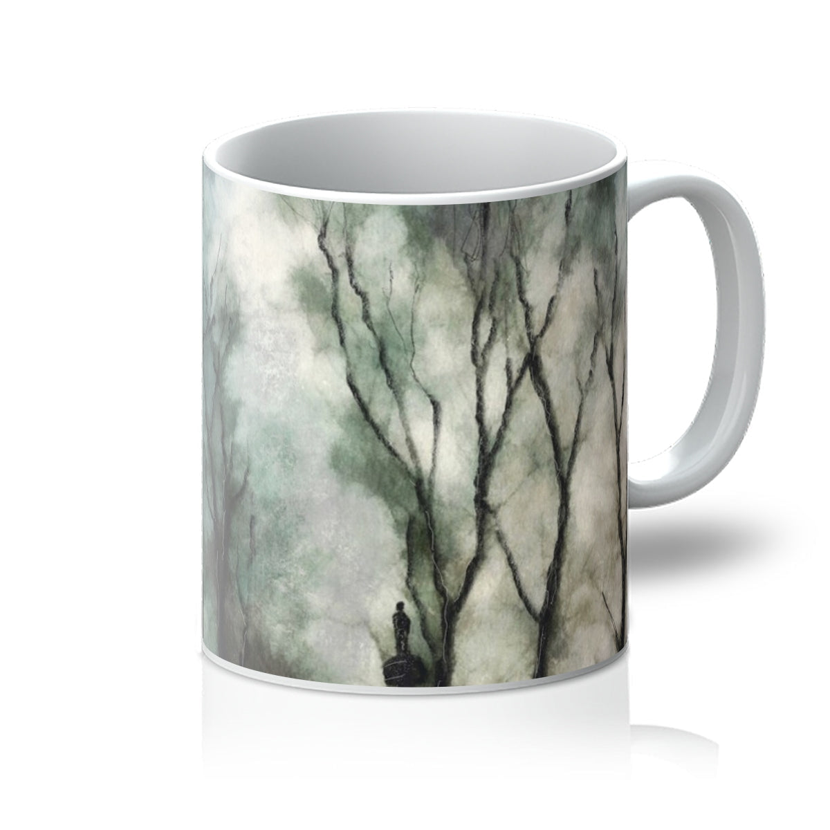 White ceramic Glasgow Necropolis Moonlight Mug with black gray tree design
