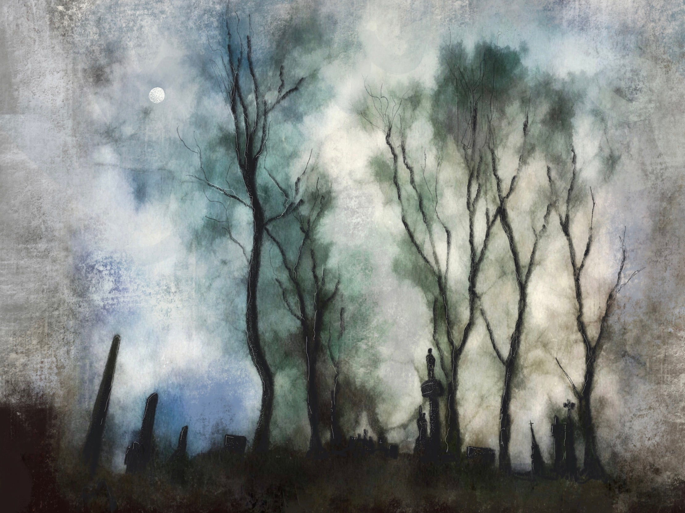 Eerie Glasgow Necropolis graveyard landscape in the Moonlight Original Painting