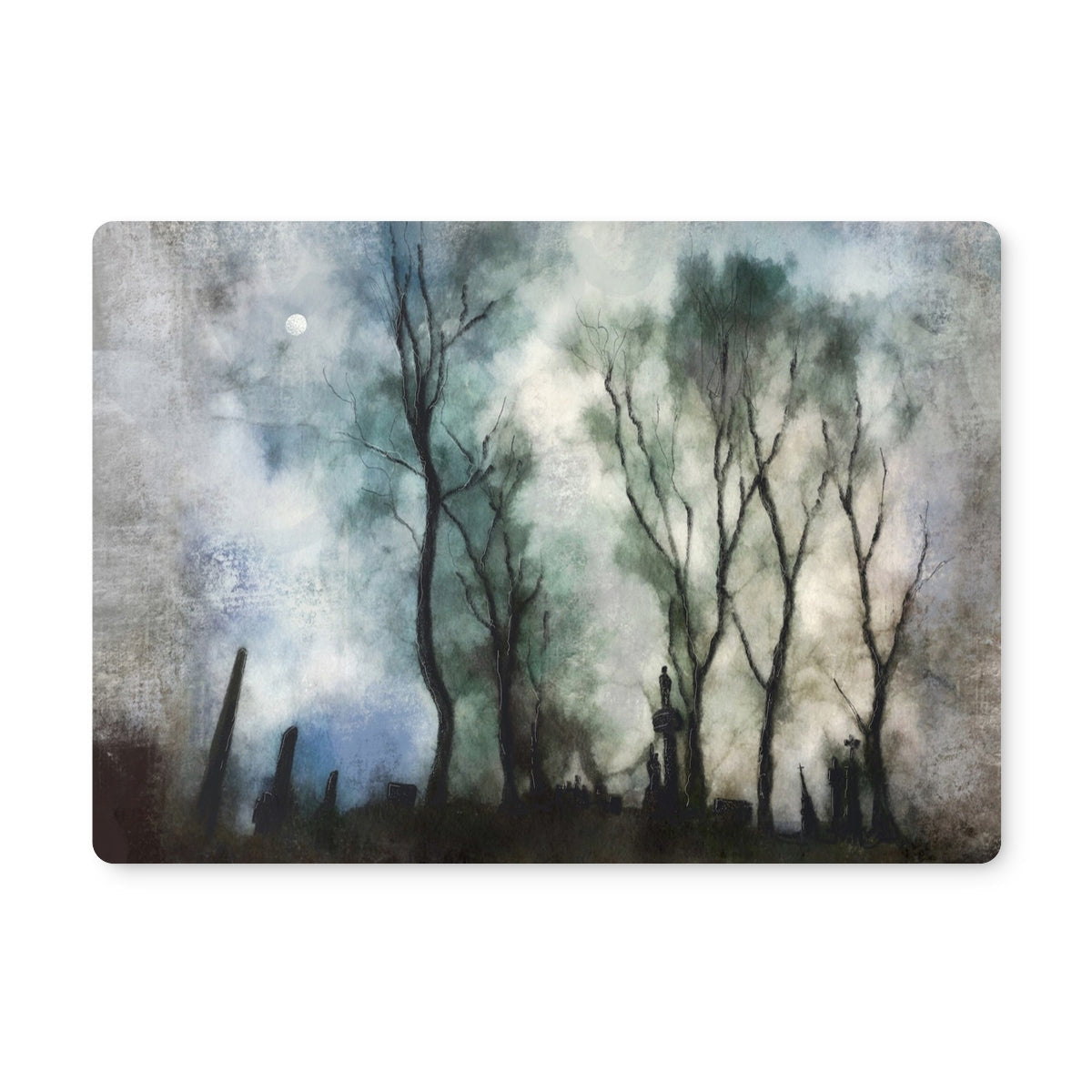 Abstract painting of a dark misty forest with a pale moon on the Glasgow Necropolis Moonlight Placemat