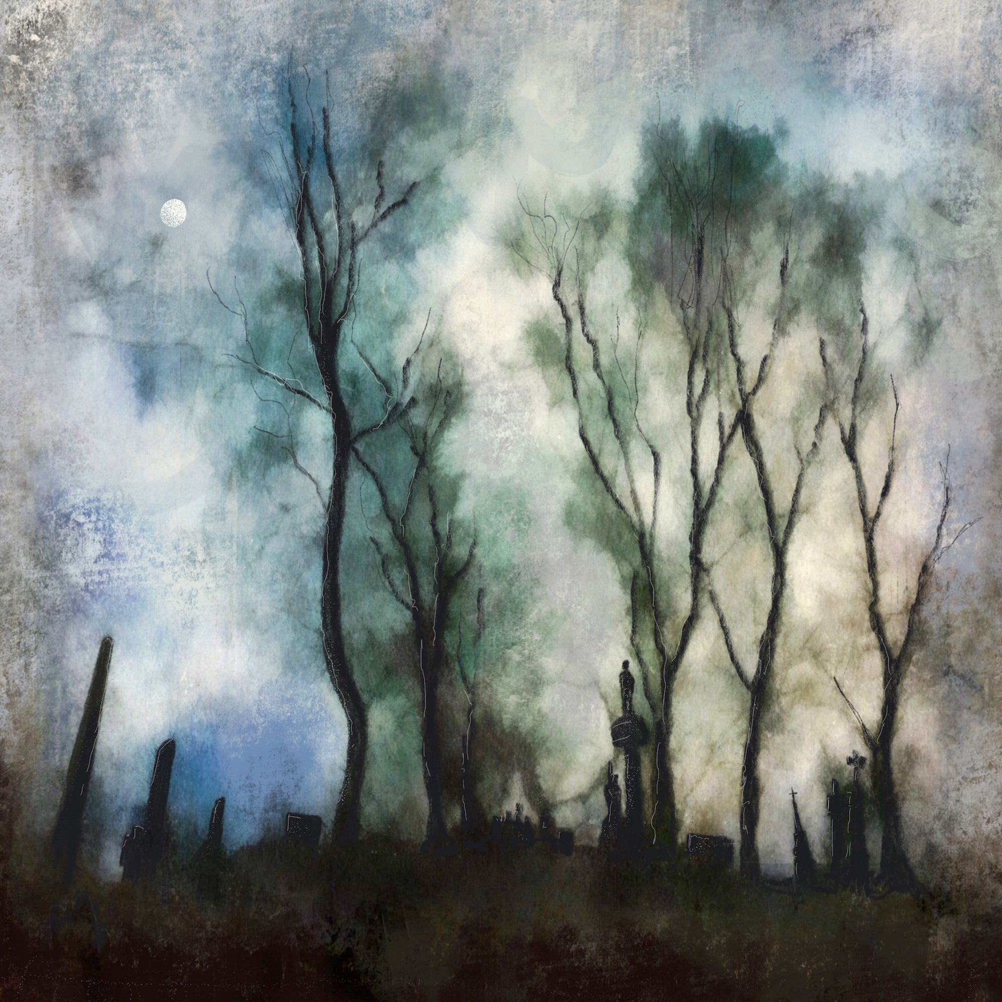 Atmospheric moonlit forest painting with silhouetted trees and subtle human figures in Glasgow Necropolis Moonlight Scotland In Your Pocket