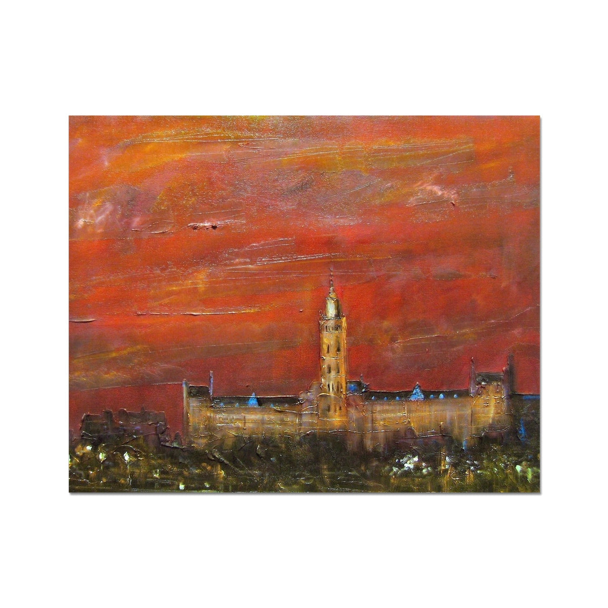 Oil painting of Glasgow University with tower at sunset for Glasow University Dusk Collector Print