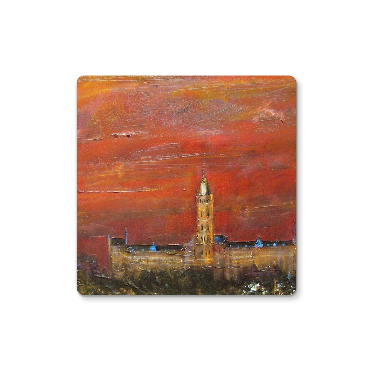 Oil painting of a building with a tall tower under a vibrant red sky on Glasgow University Dusk Coaster