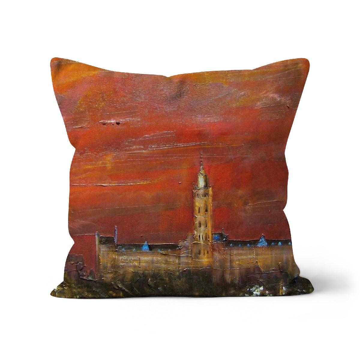 Square accent pillow featuring an impressionistic Glasgow city skyline at sunset
