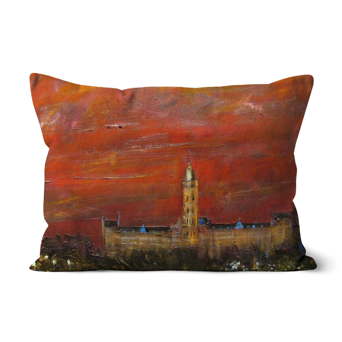 Decorative Glasgow University Dusk Cushion featuring impressionistic historic building art