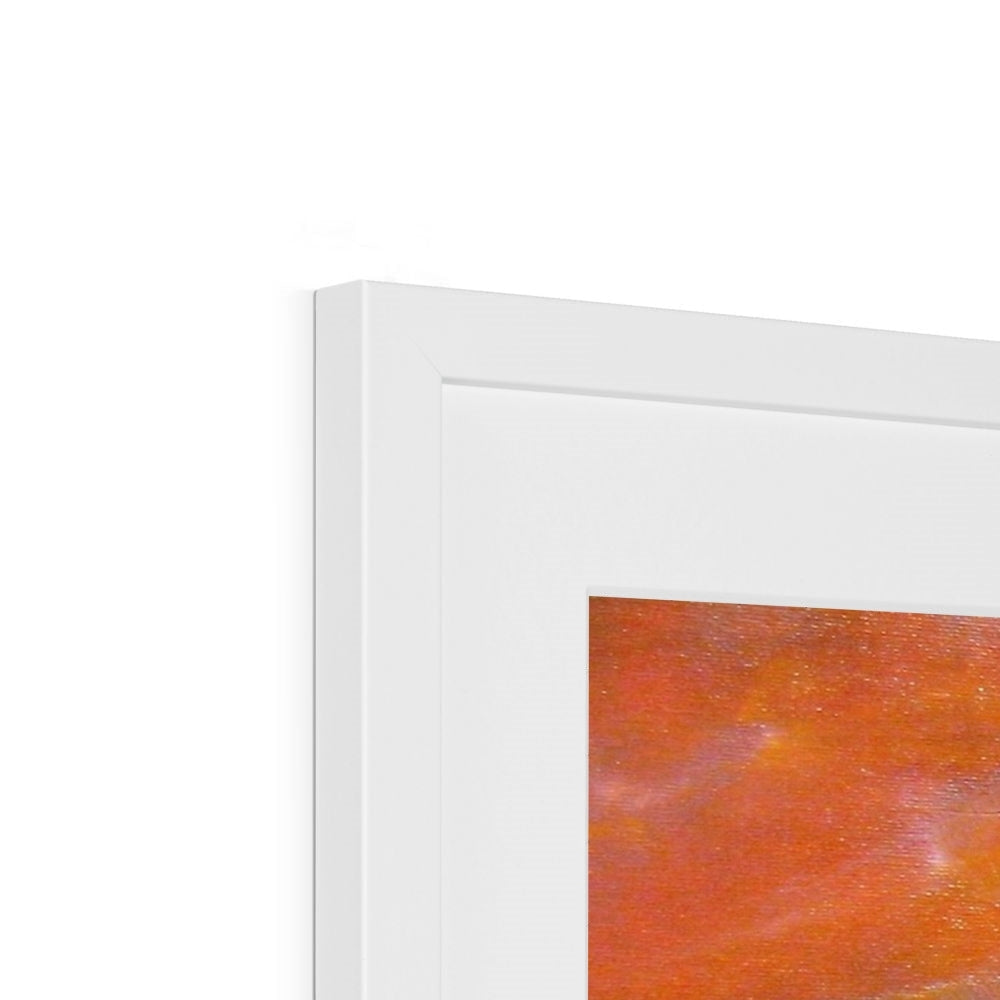 Abstract framed and mounted print with warm orange and red tones, titled Glasgow University Dusk