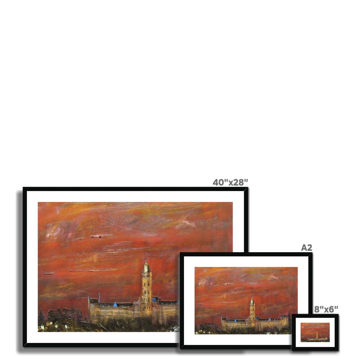 Three framed cityscape paintings of Glasgow at sunset in a Glasgow University Dusk print