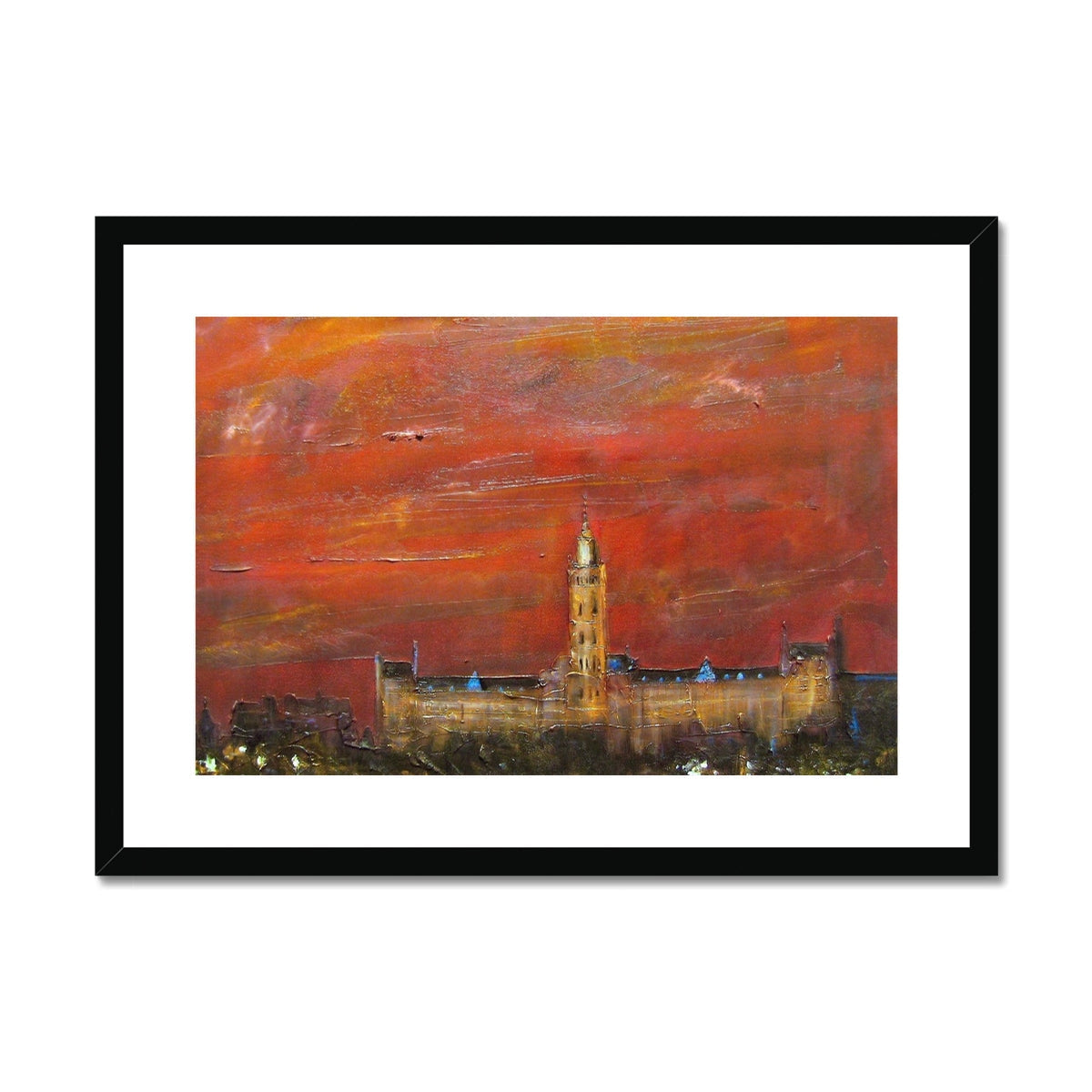 Framed Glasgow University building with tower under a fiery red dusk sky print