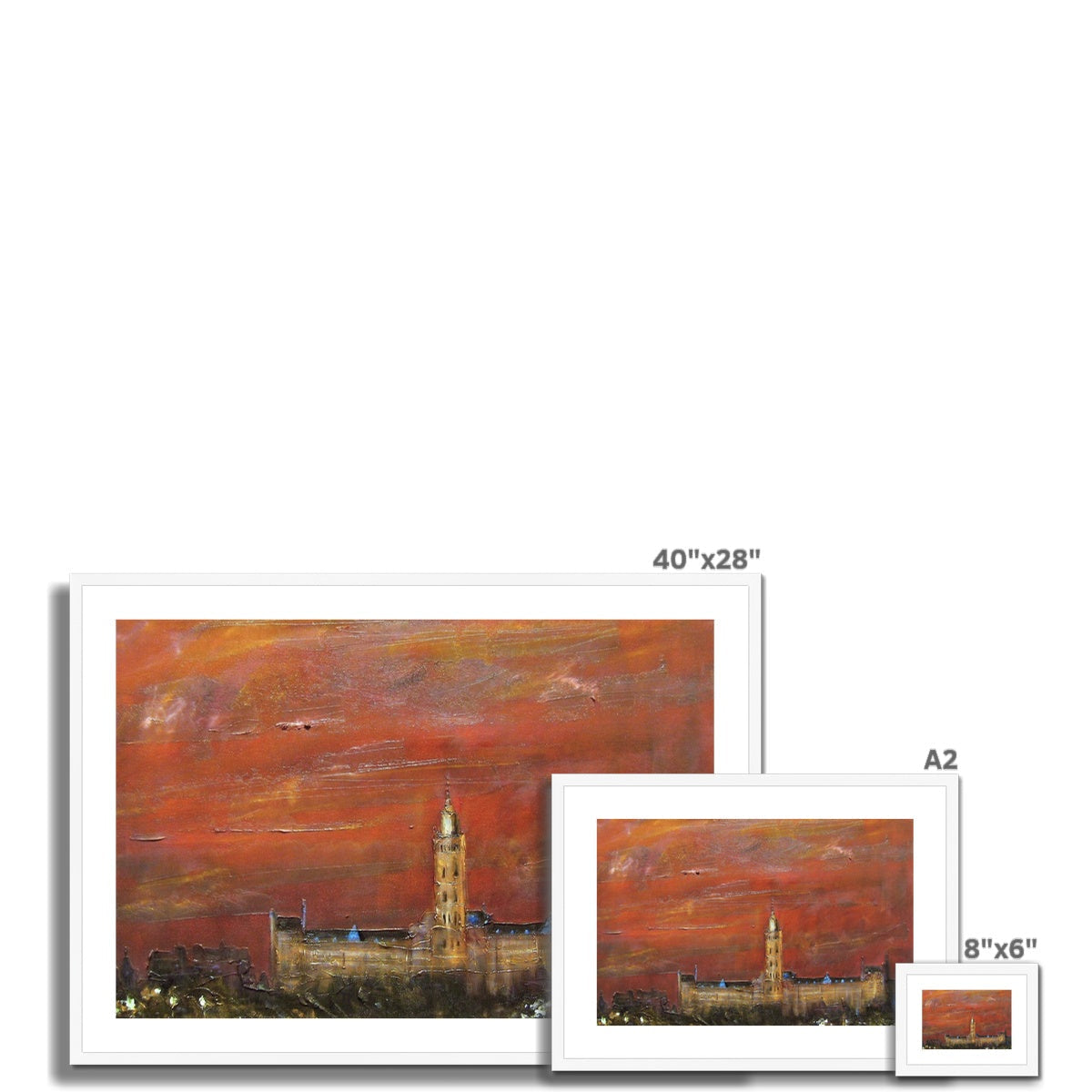 Three framed Glasgow University cityscape sunset prints decreasing in size on display