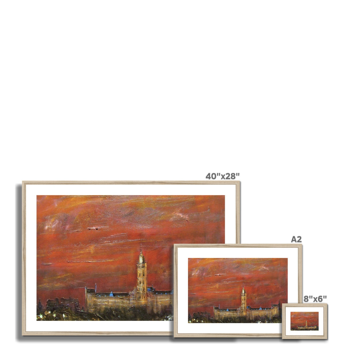 Framed Glasgow University landscape paintings with a tower against a fiery sunset sky