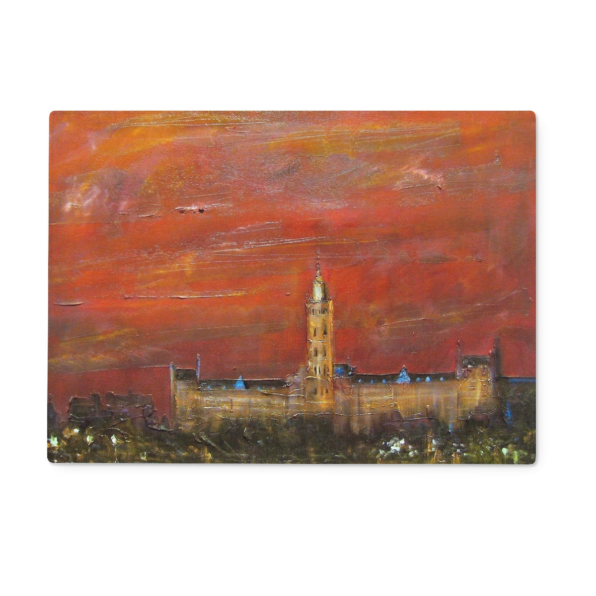 Oil painting of Glasgow skyline with clock tower under dramatic red sky on Glasgow University Dusk Glass Chopping Board