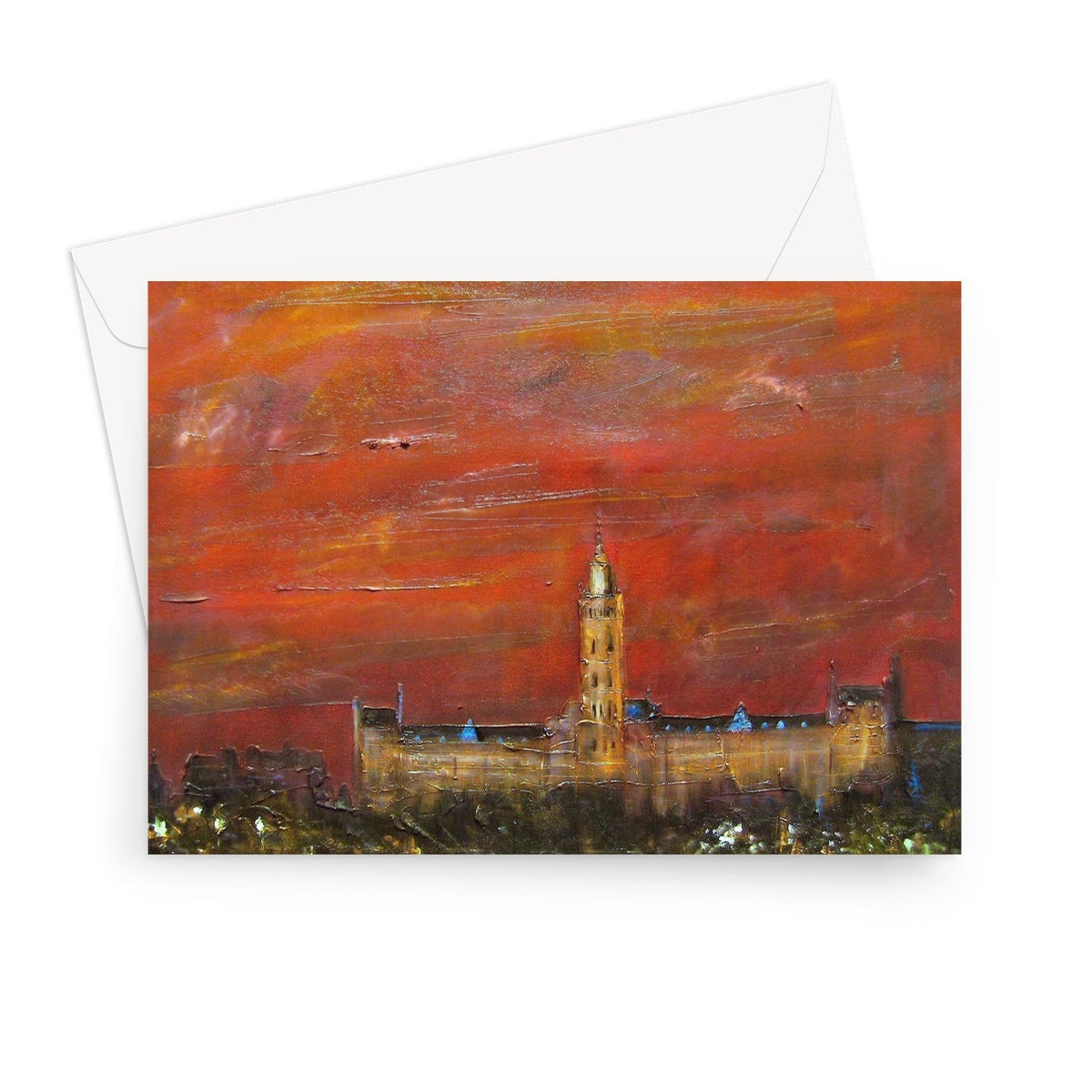 Impressionistic Glasgow cityscape at dusk on a greeting card with a prominent tower and fiery sky