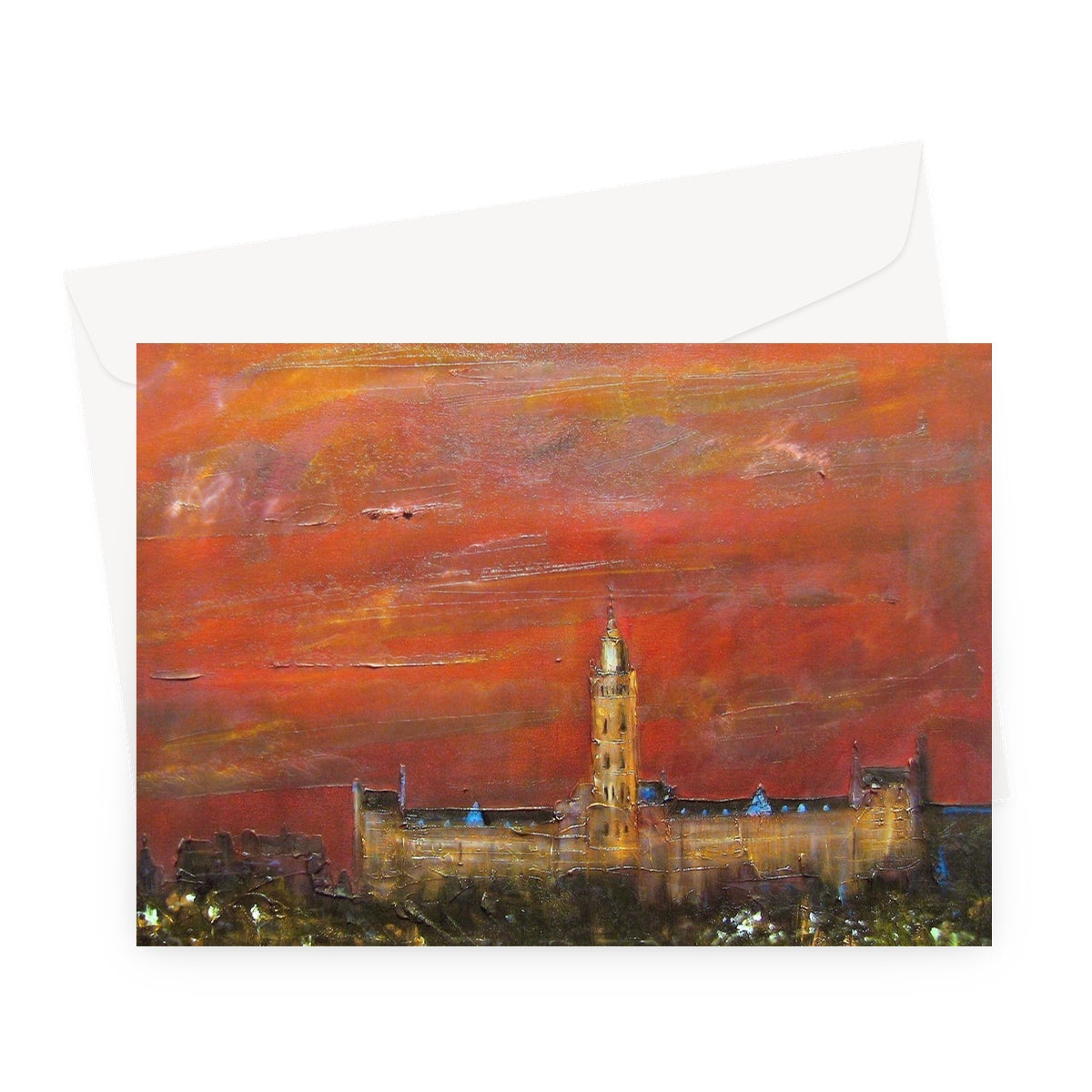 Oil painting of a castle under a dramatic red sky on a Glasgow University Dusk Greeting Card