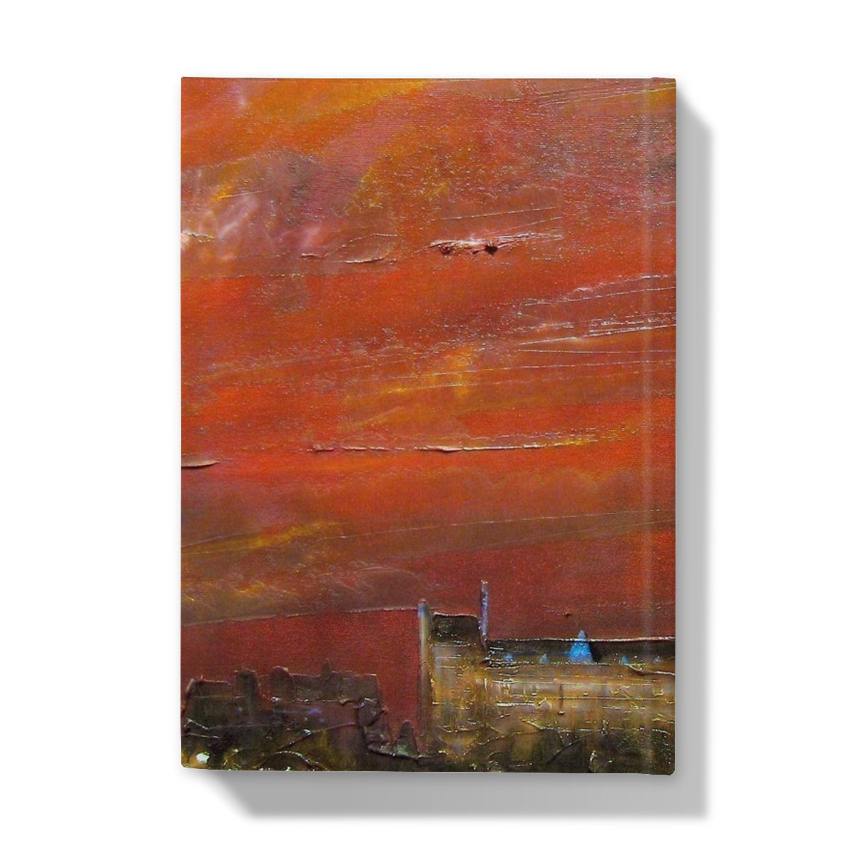 Textured oil painting of Glasgow cityscape at sunset on Glasgow University Dusk Hardback Journal