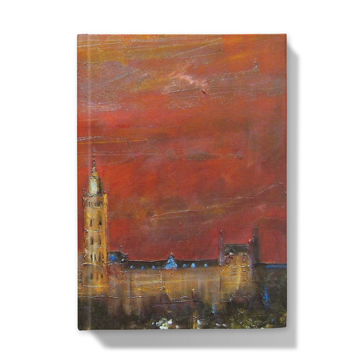 Impressionistic cityscape painting with a prominent tower under a fiery red sky on Glasgow University Dusk Hardback Journal
