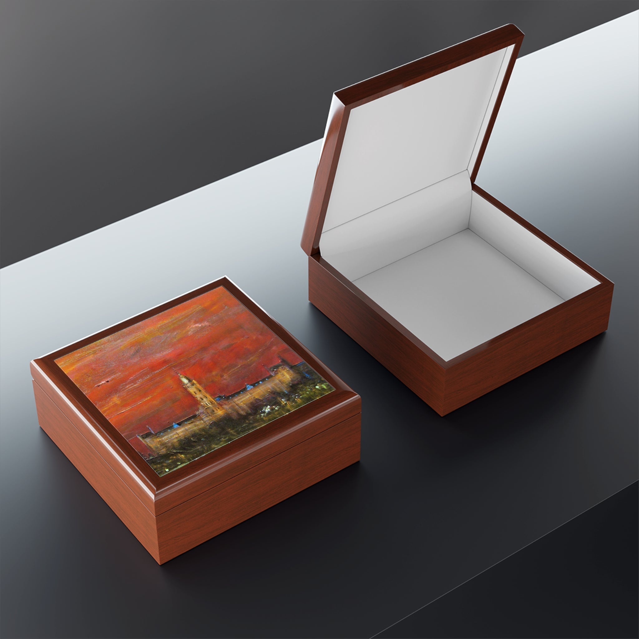 Glasgow University Dusk jewellery box with sunset tower lid, open view