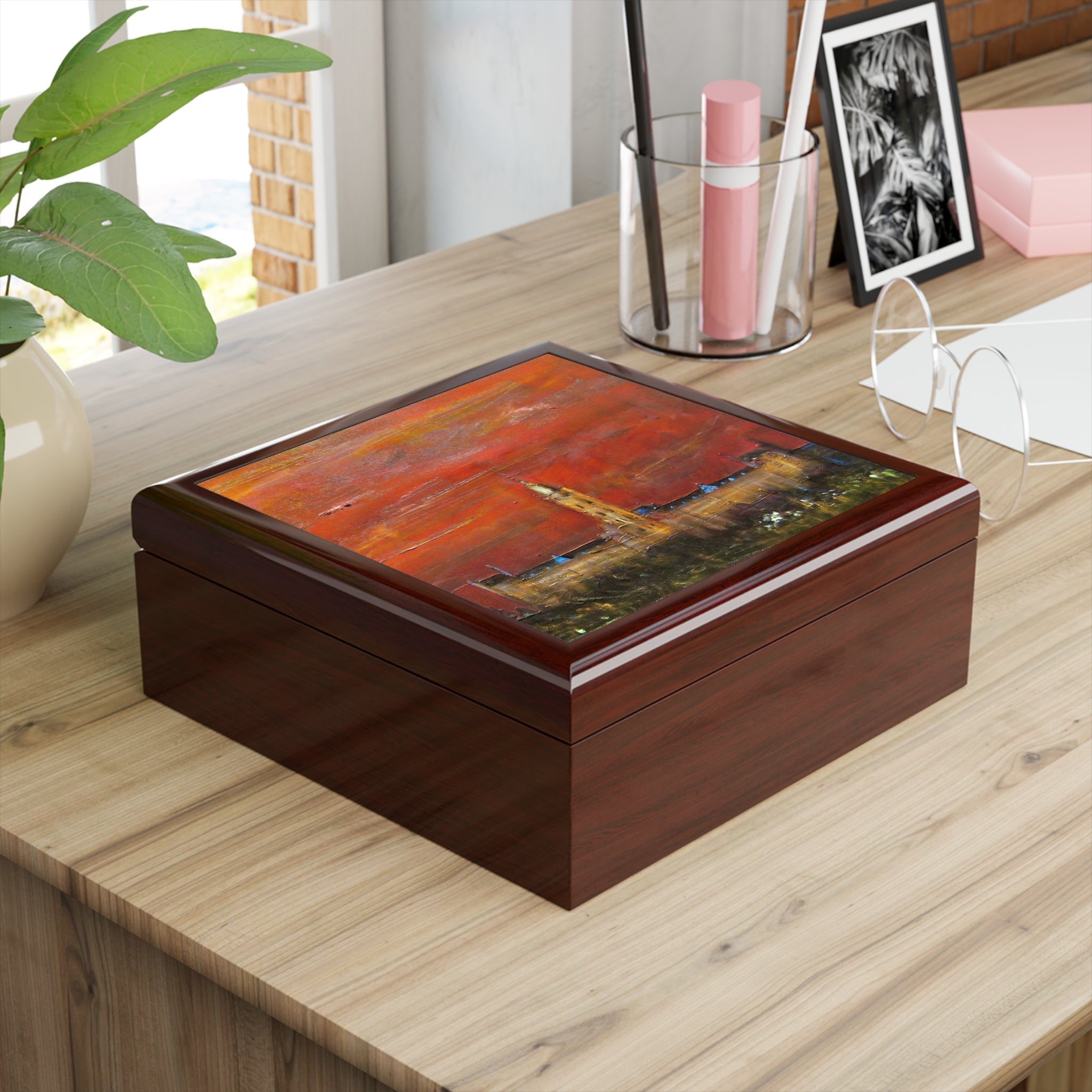 Glasgow University Dusk jewelry box with red orange abstract lid painting