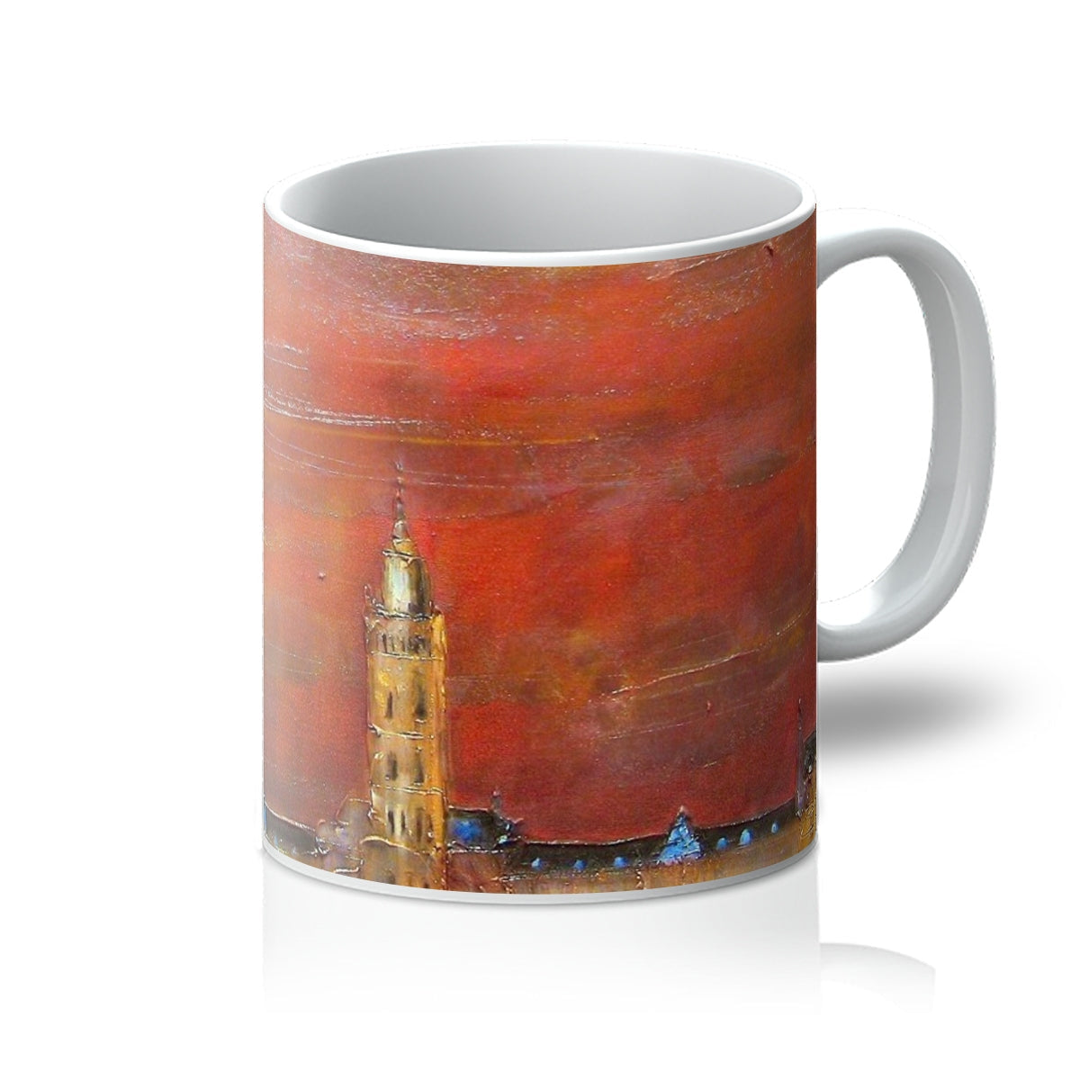 White ceramic Glasgow University Dusk Mug with abstract red and orange tower painting