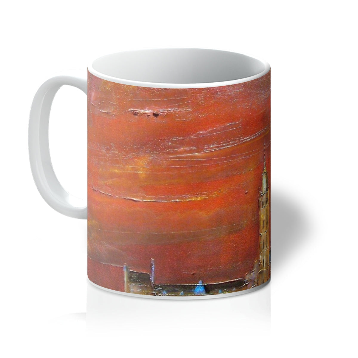 White ceramic Glasgow University Dusk Mug featuring an abstract city skyline at sunset