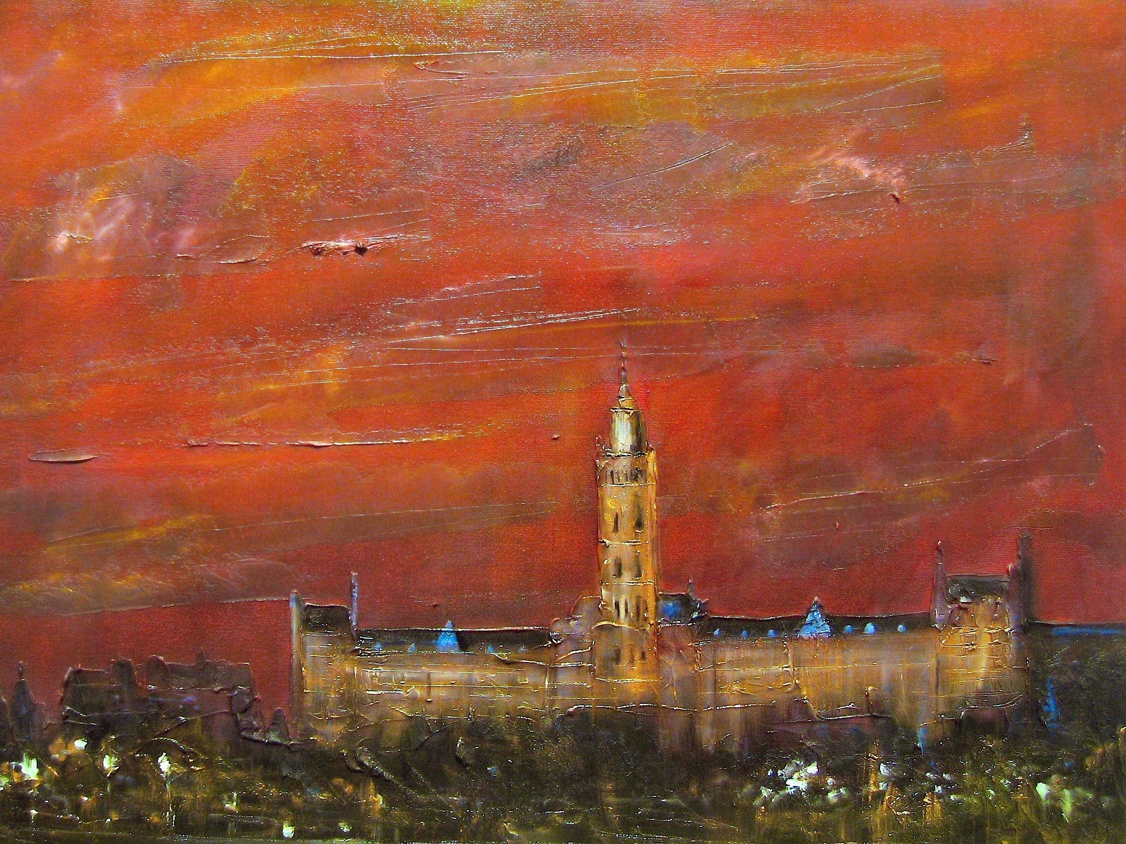 Impressionistic Glasgow University building with tower at sunset in Dusk Original Painting