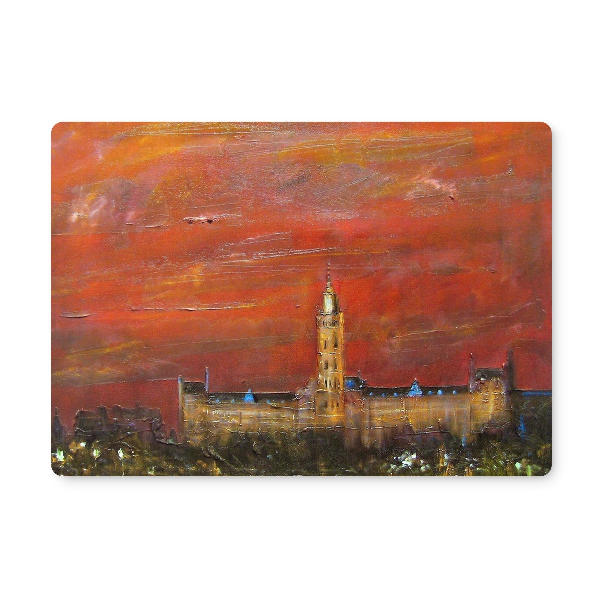 Abstract painting of a European-style building with a tower against a fiery red sky for Glasgow University Dusk Placemat